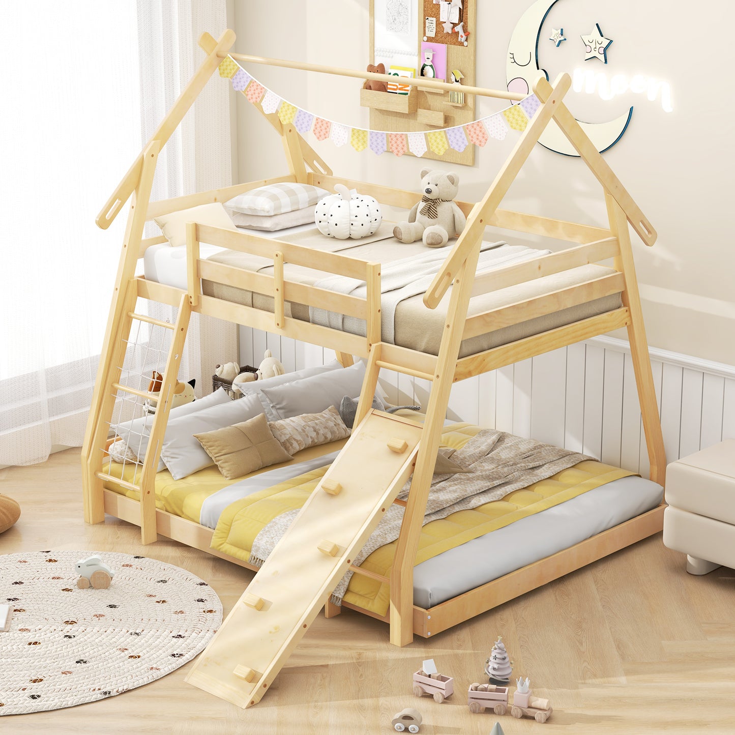 Twin Over Queen Bunk Bed Wooden Kids Bed with Climbing Nets and Ramp-Natural Kids Crystal