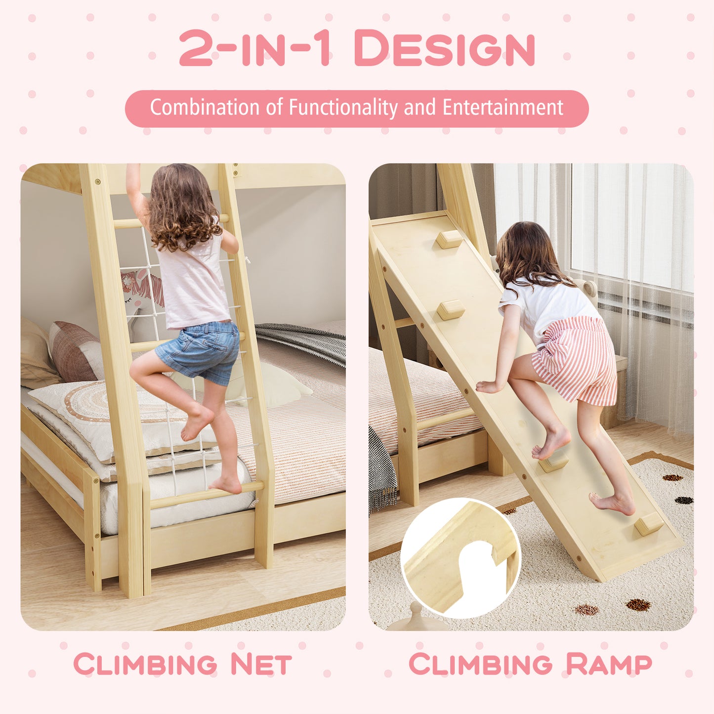 Twin Over Queen Bunk Bed Wooden Kids Bed with Climbing Nets and Ramp-Natural Kids Crystal