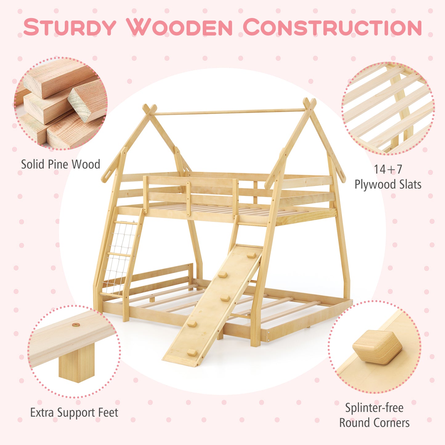 Twin Over Queen Bunk Bed Wooden Kids Bed with Climbing Nets and Ramp-Natural Kids Crystal
