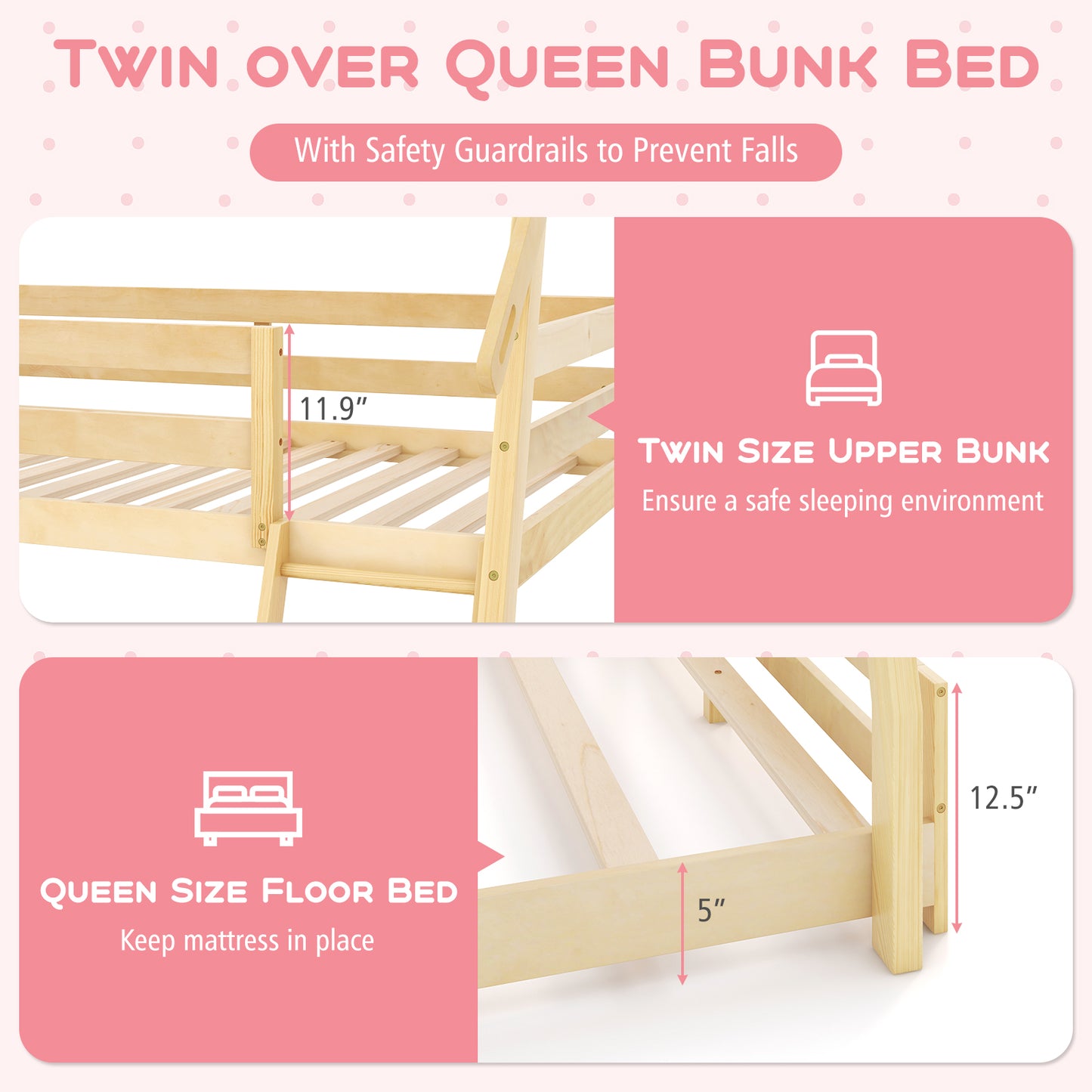 Twin Over Queen Bunk Bed Wooden Kids Bed with Climbing Nets and Ramp-Natural Kids Crystal