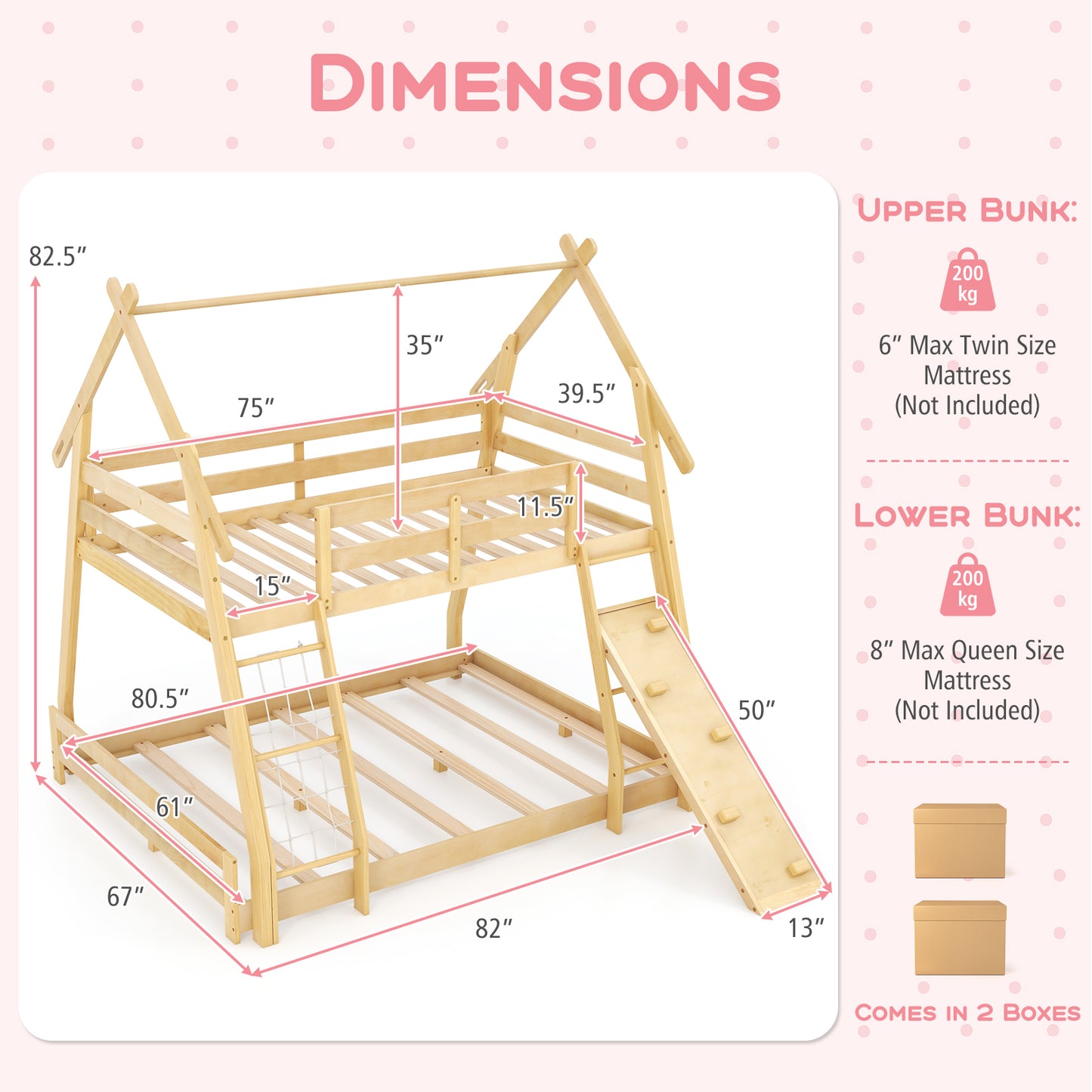 Twin Over Queen Bunk Bed Wooden Kids Bed with Climbing Nets and Ramp-Natural Kids Crystal