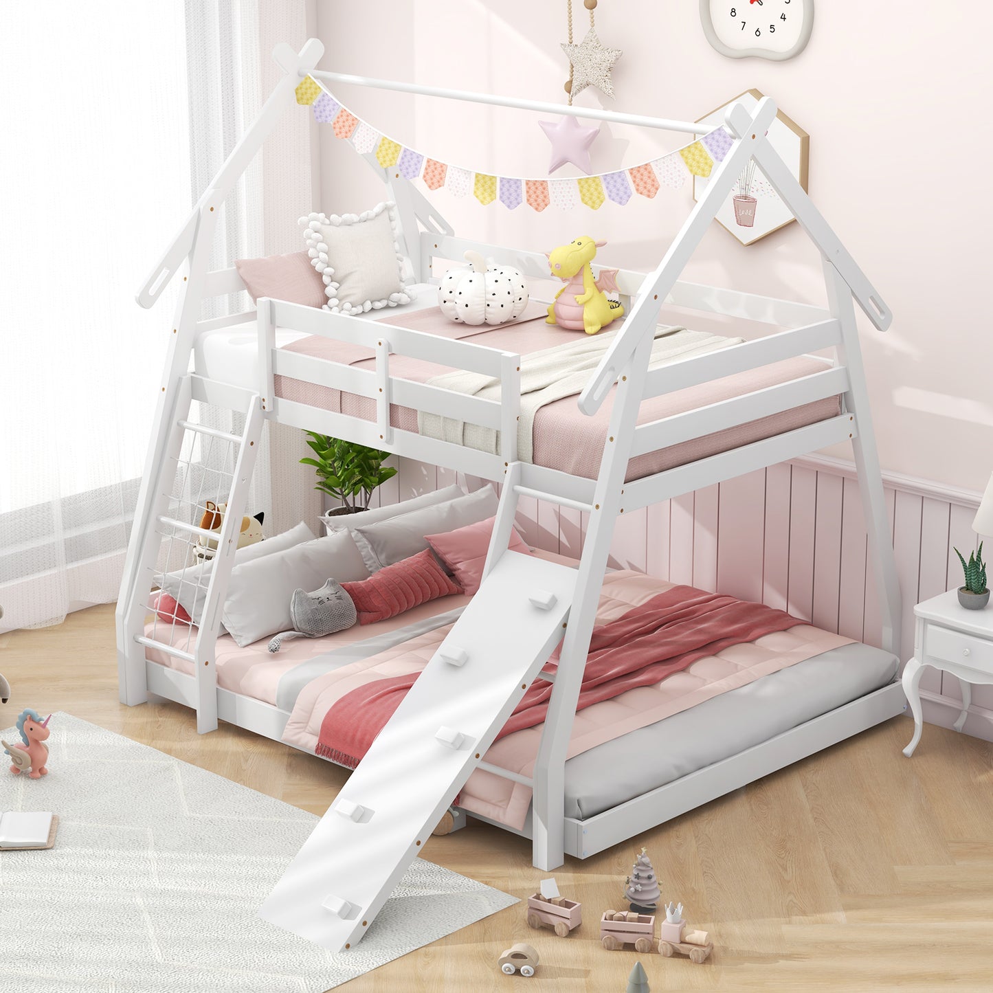 Twin Over Queen Bunk Bed Wooden Kids Bed with Climbing Nets and Ramp-White Kids Crystal
