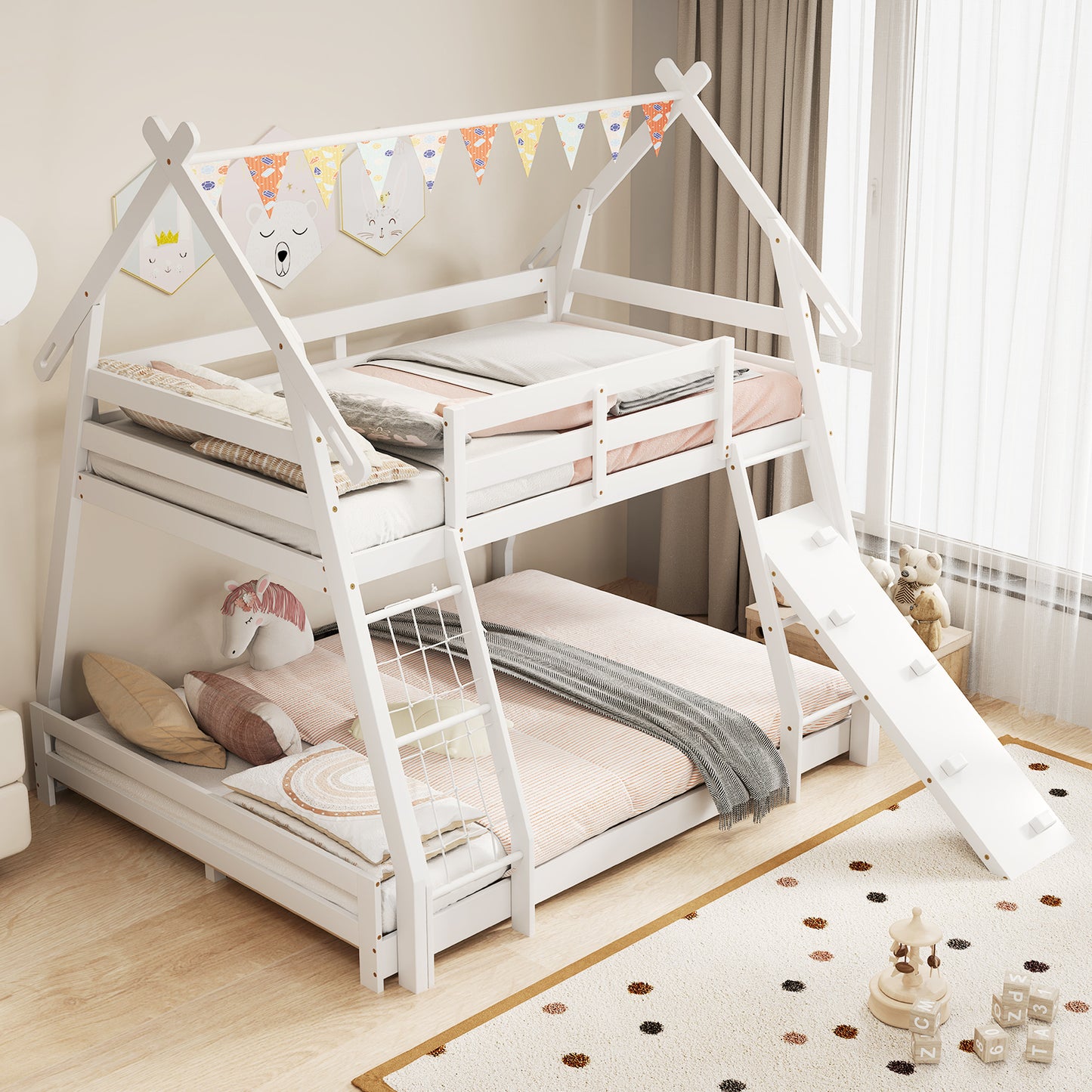 Twin Over Queen Bunk Bed Wooden Kids Bed with Climbing Nets and Ramp-White Kids Crystal