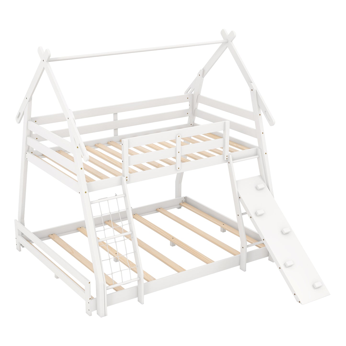 Twin Over Queen Bunk Bed Wooden Kids Bed with Climbing Nets and Ramp-White Kids Crystal