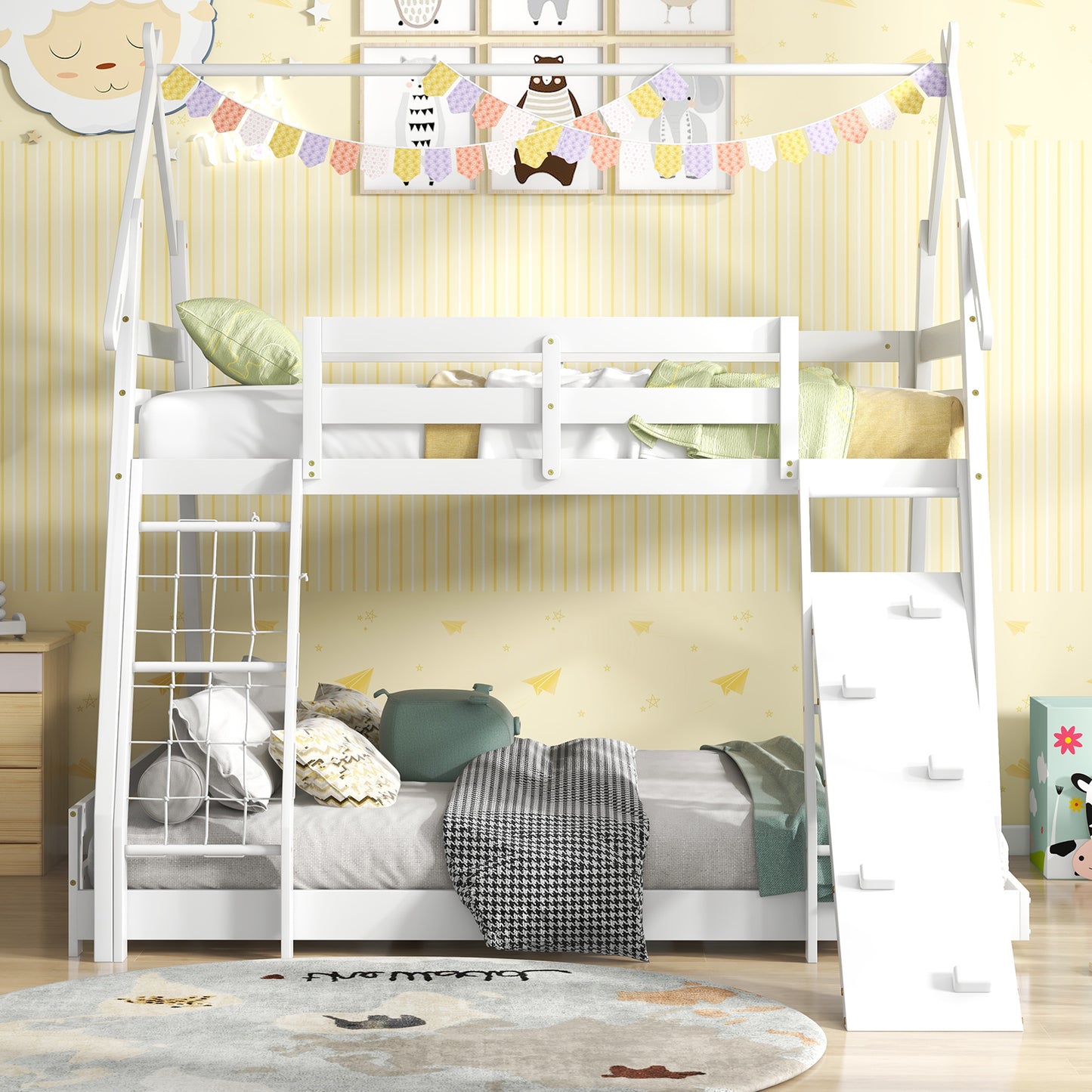 Twin Over Queen Bunk Bed Wooden Kids Bed with Climbing Nets and Ramp-White Kids Crystal