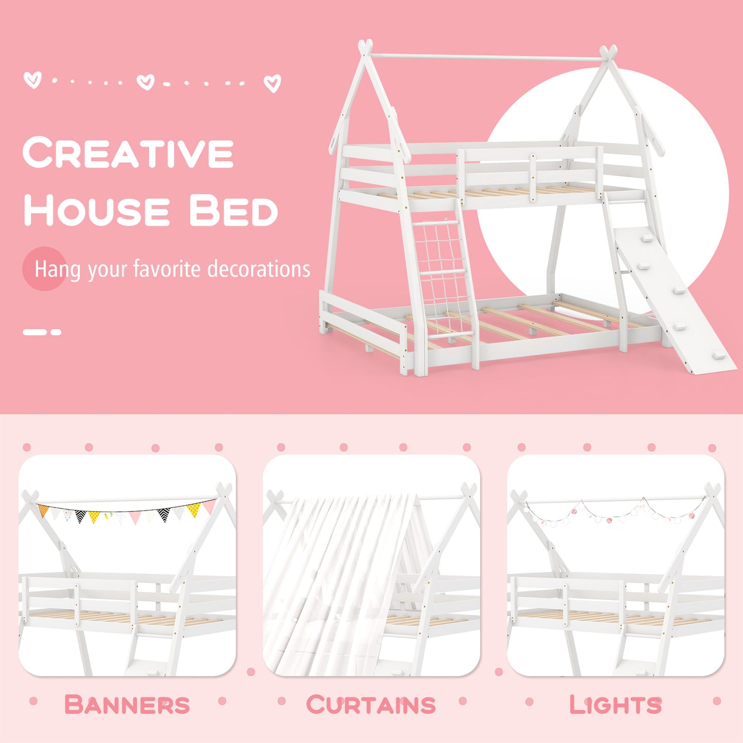 Twin Over Queen Bunk Bed Wooden Kids Bed with Climbing Nets and Ramp-White Kids Crystal