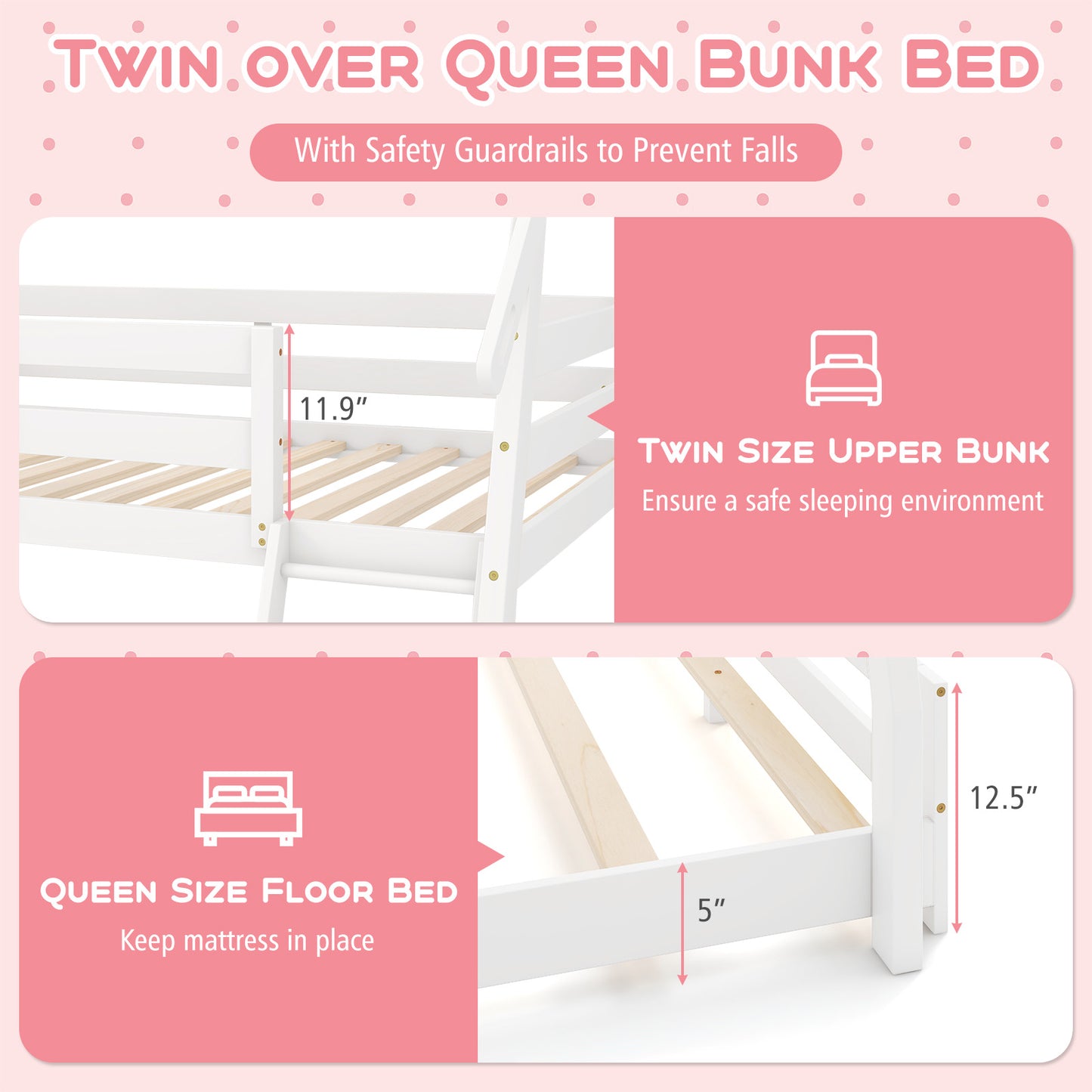 Twin Over Queen Bunk Bed Wooden Kids Bed with Climbing Nets and Ramp-White Kids Crystal