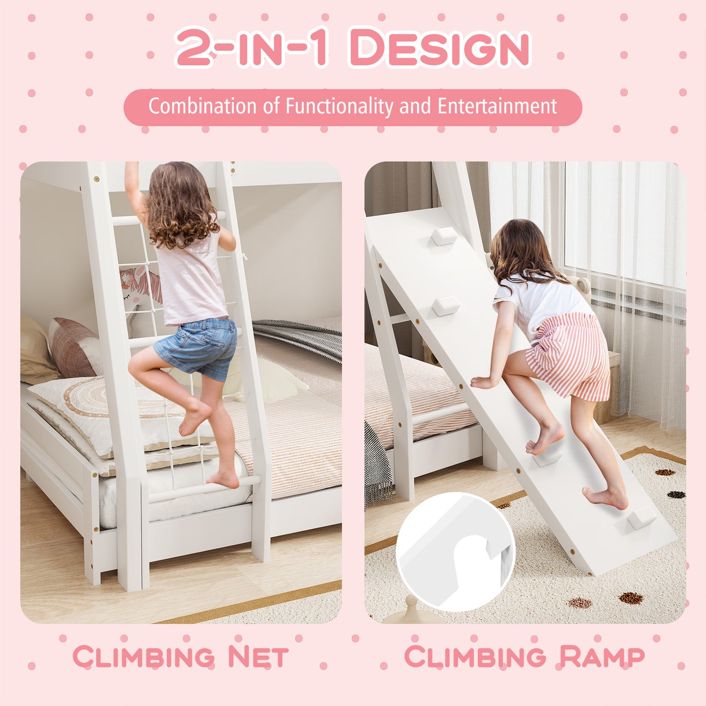 Twin Over Queen Bunk Bed Wooden Kids Bed with Climbing Nets and Ramp-White Kids Crystal