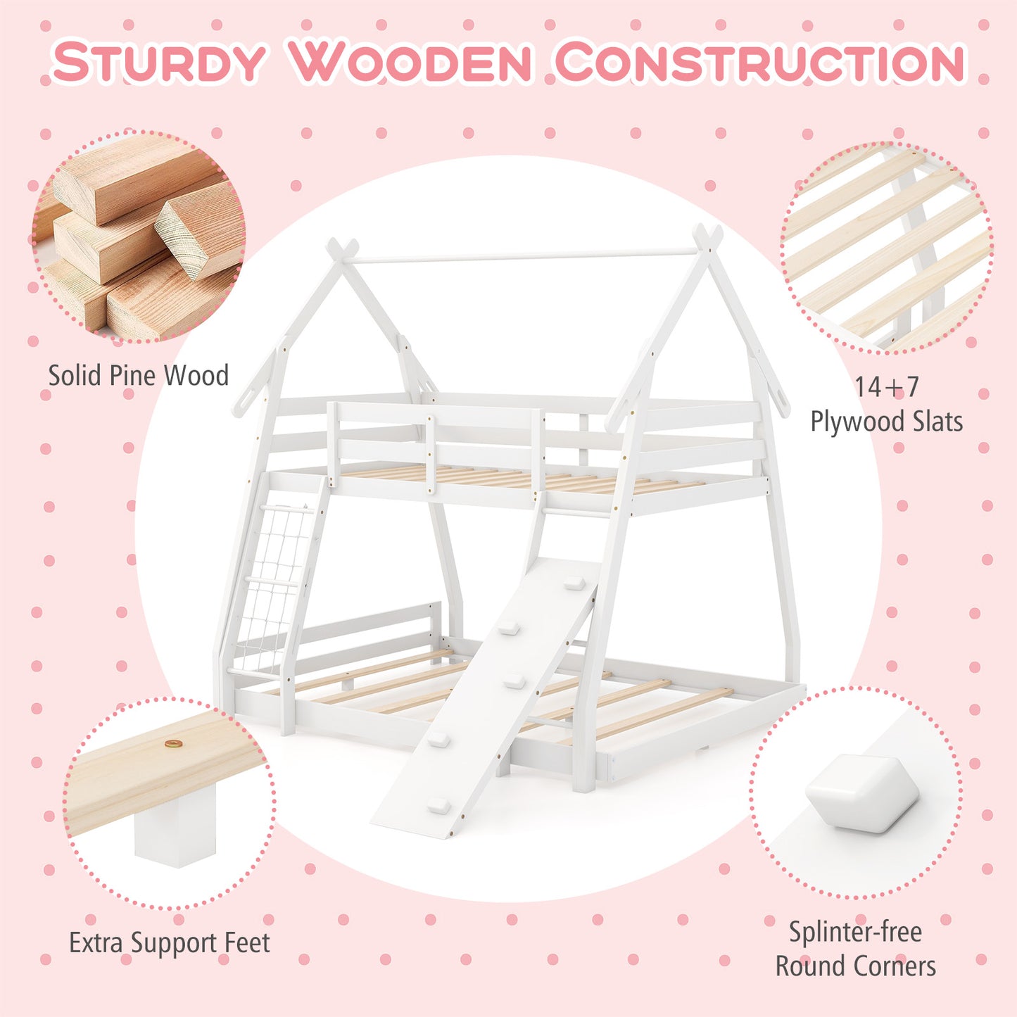Twin Over Queen Bunk Bed Wooden Kids Bed with Climbing Nets and Ramp-White Kids Crystal