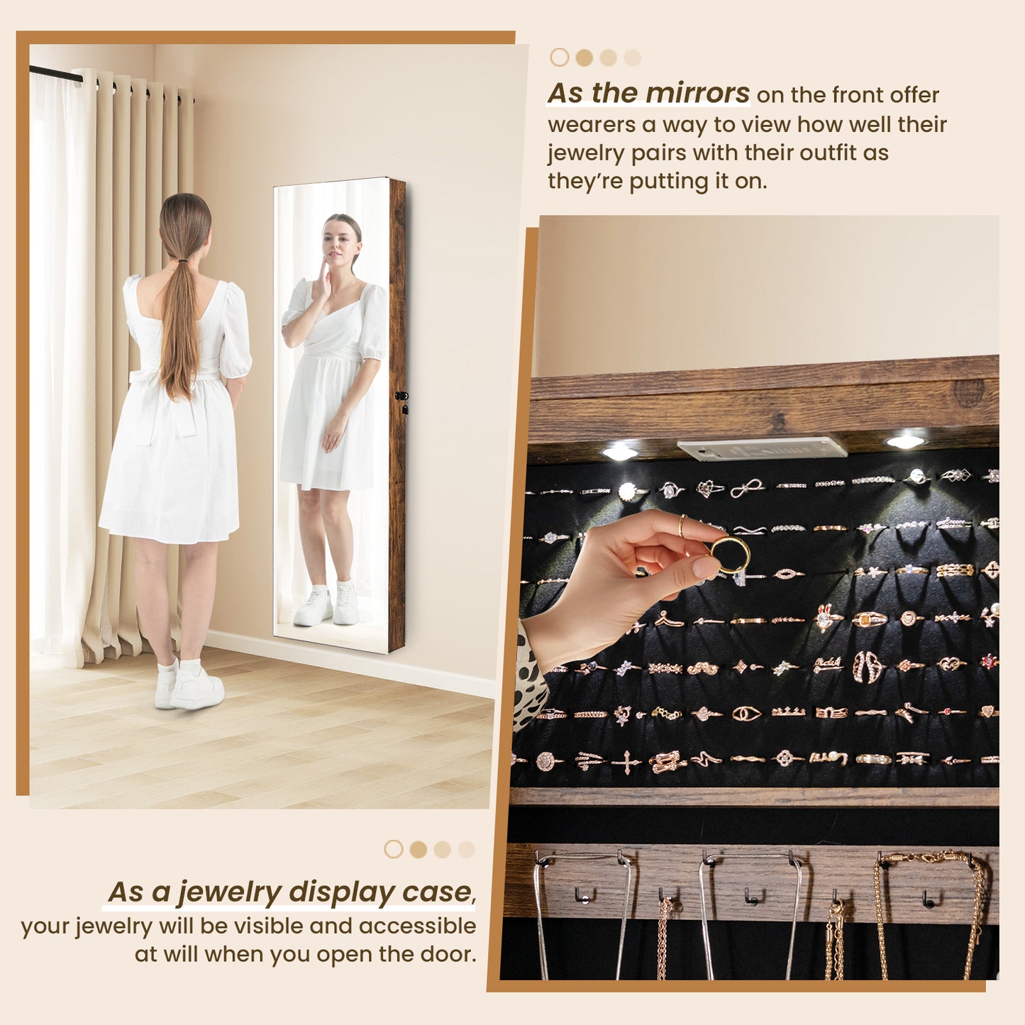 Wall and Door Mounted Mirrored Jewelry Cabinet with Lights-Rustic Brown Kids Crystal