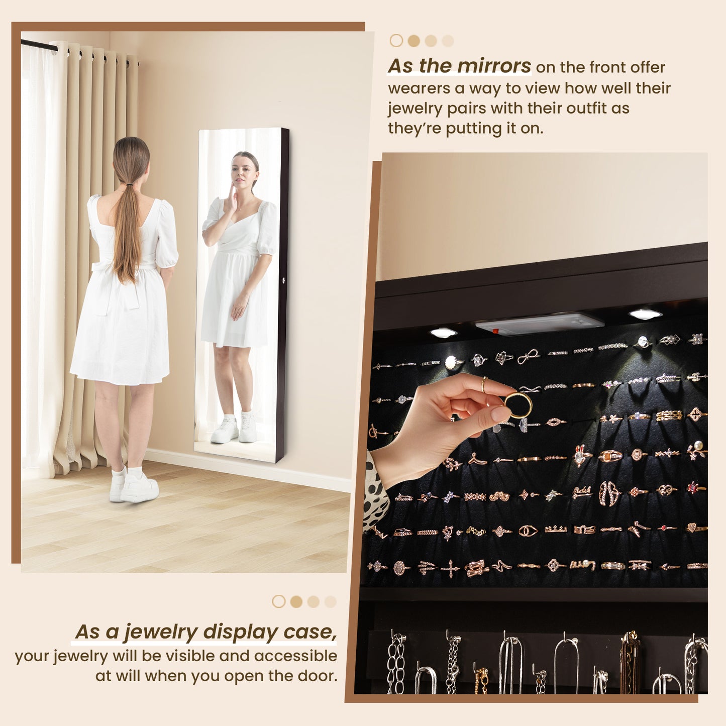 Wall And Door Mounted Mirrored Jewelry Cabinet With Lights-Brown Kids Crystal