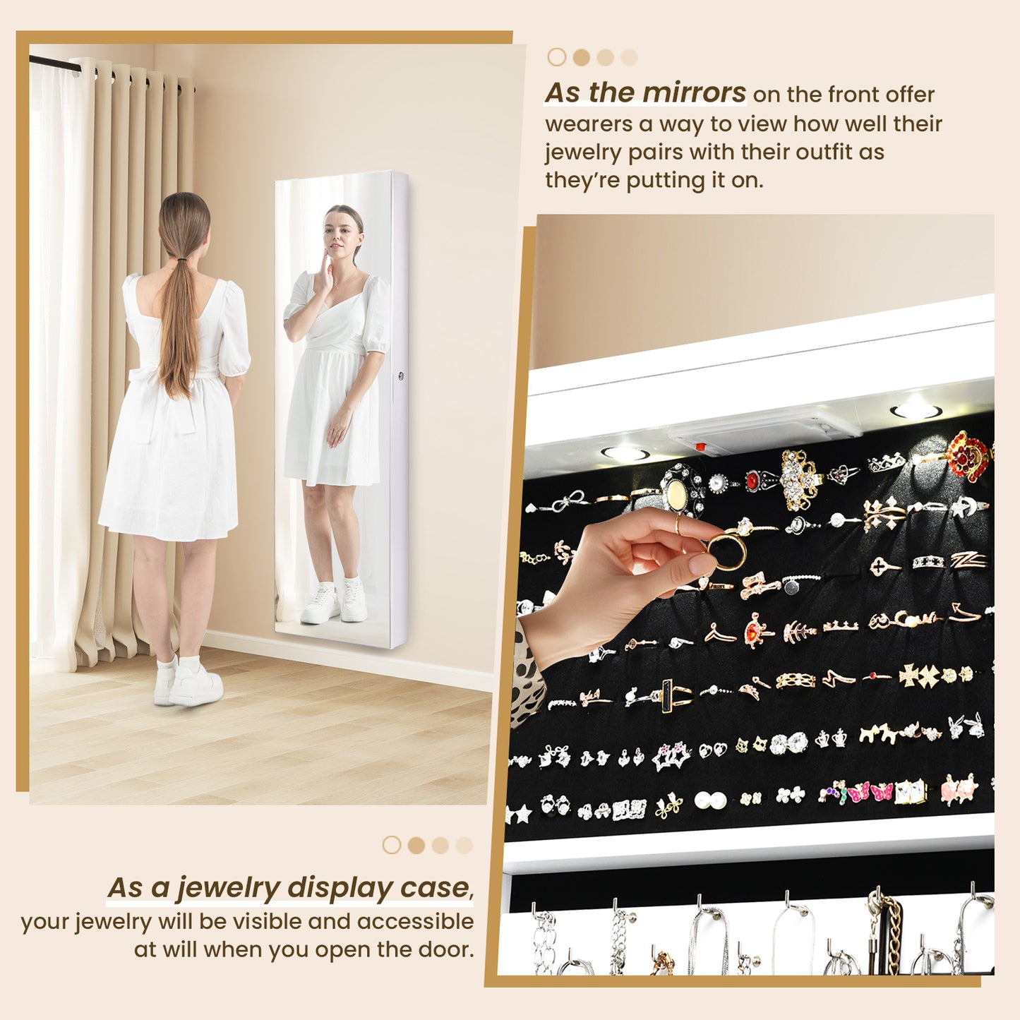 Wall and Door Mounted Mirrored Jewelry Cabinet With Lights-White Kids Crystal