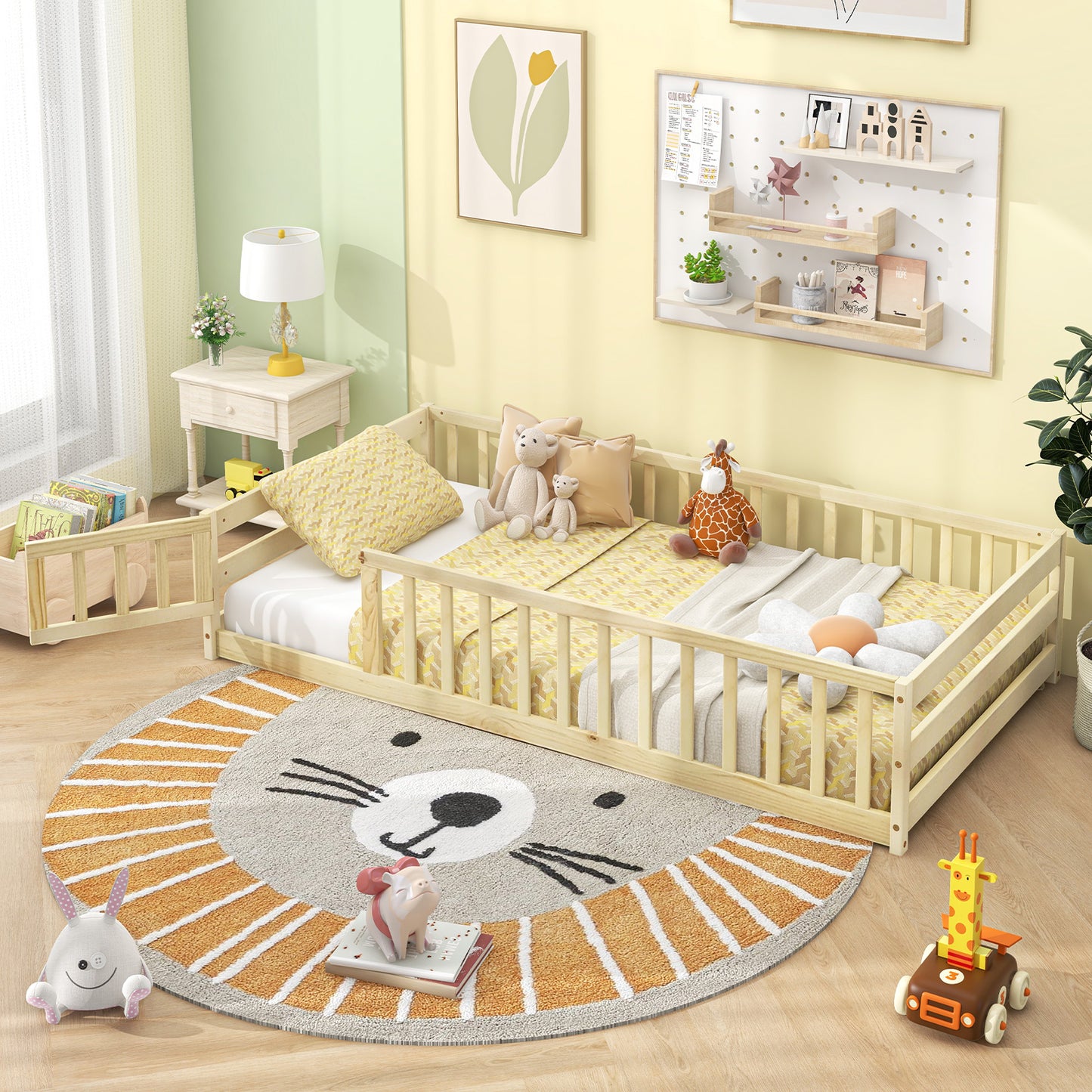Twin Size Kids Wood Montessori Floor Bed with Door and Fence-Natural Kids Crystal