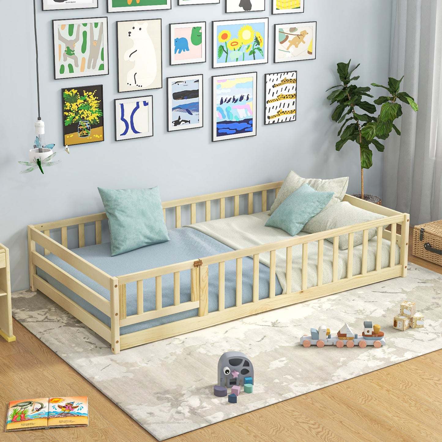 Twin Size Kids Wood Montessori Floor Bed with Door and Fence-Natural Kids Crystal