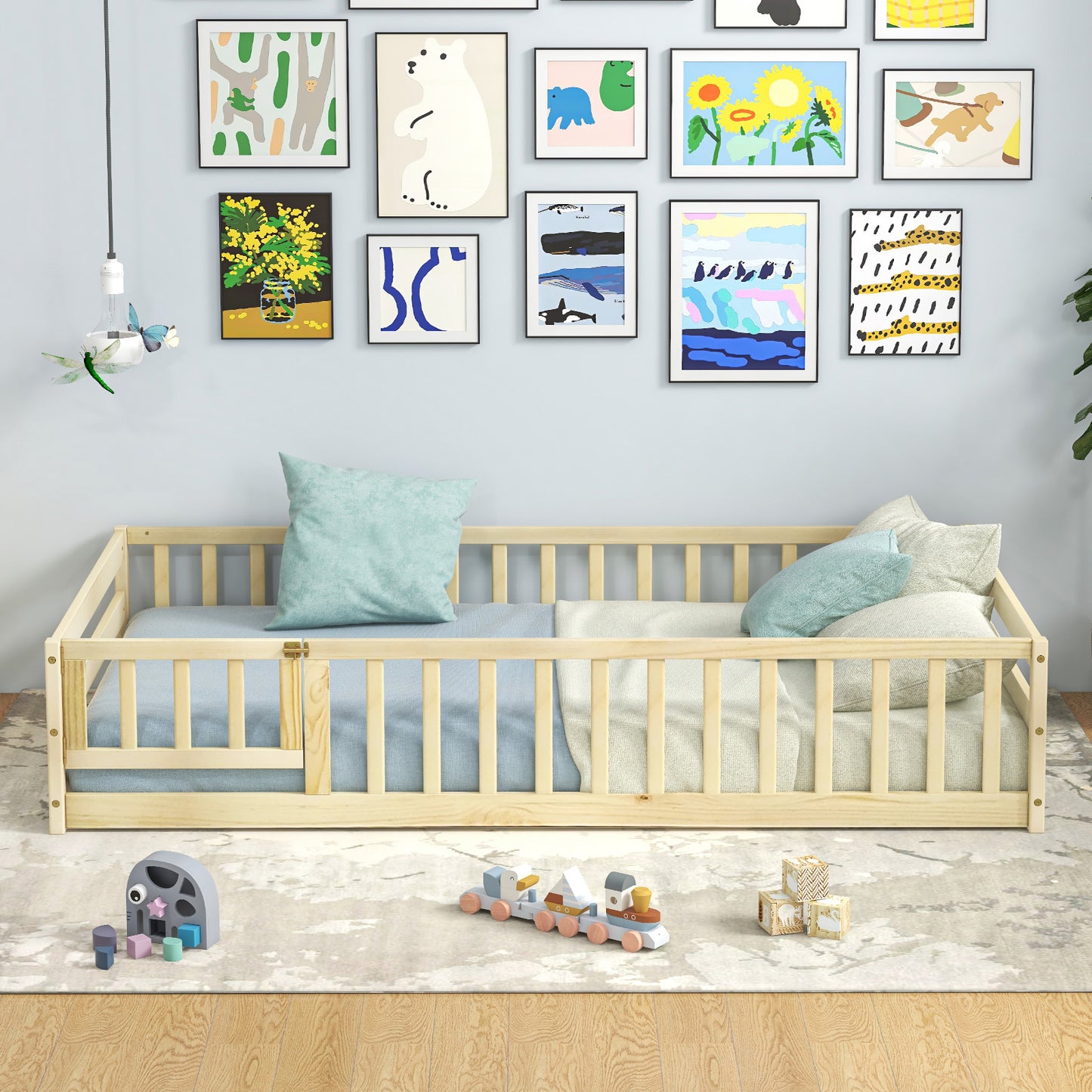 Twin Size Kids Wood Montessori Floor Bed with Door and Fence-Natural Kids Crystal