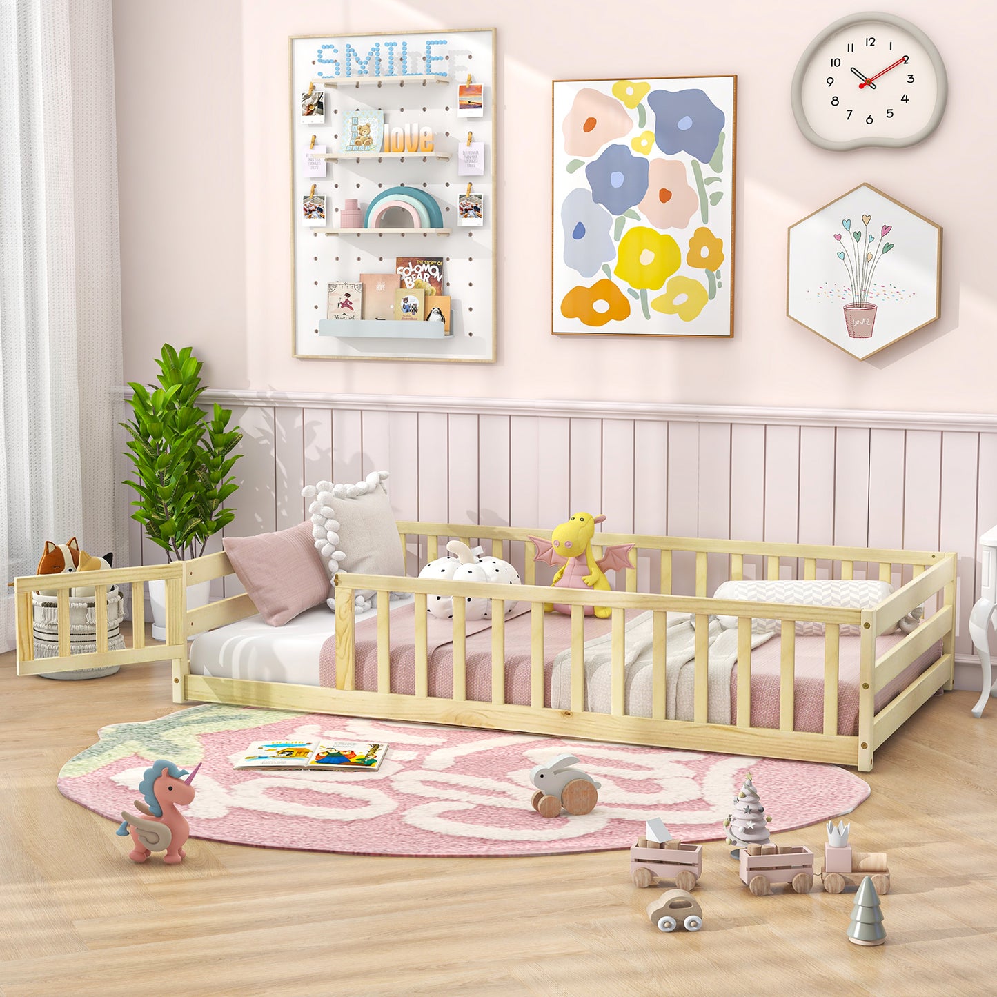 Twin Size Kids Wood Montessori Floor Bed with Door and Fence-Natural Kids Crystal