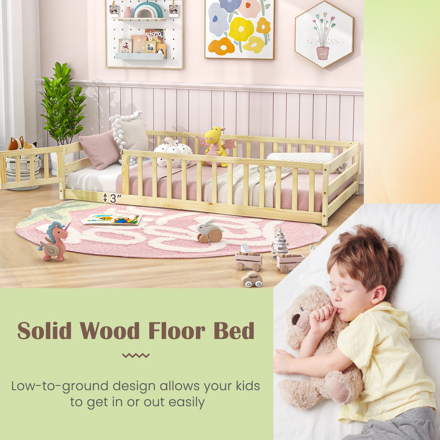 Twin Size Kids Wood Montessori Floor Bed with Door and Fence-Natural Kids Crystal