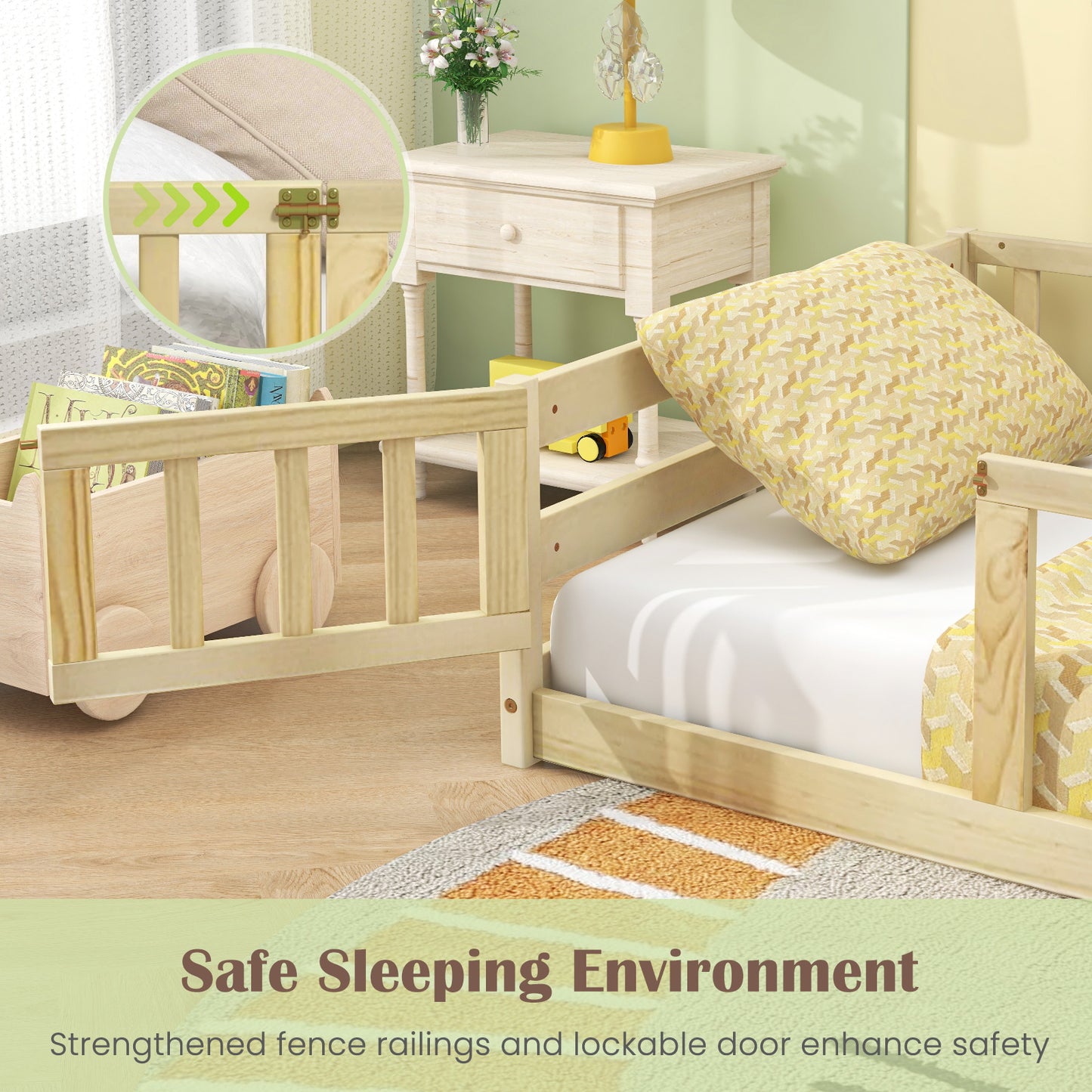 Twin Size Kids Wood Montessori Floor Bed with Door and Fence-Natural Kids Crystal