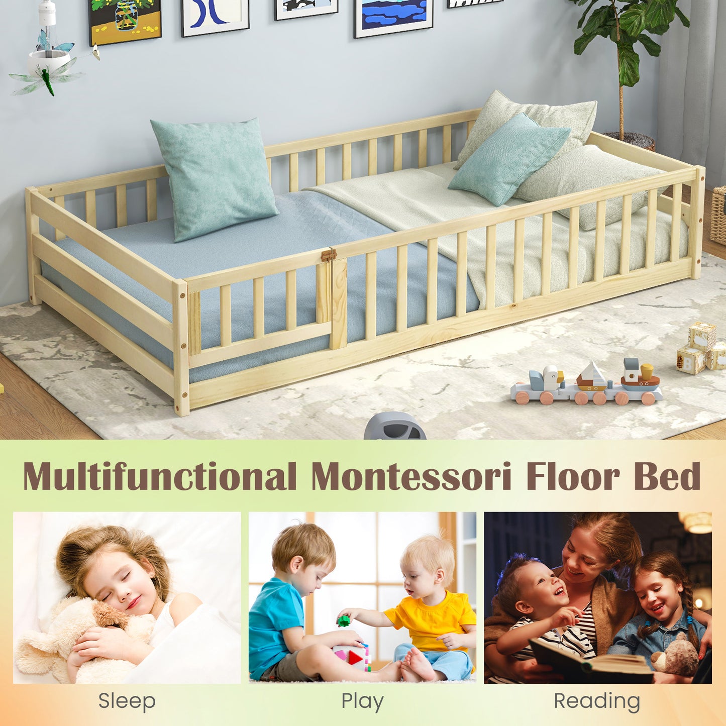 Twin Size Kids Wood Montessori Floor Bed with Door and Fence-Natural Kids Crystal