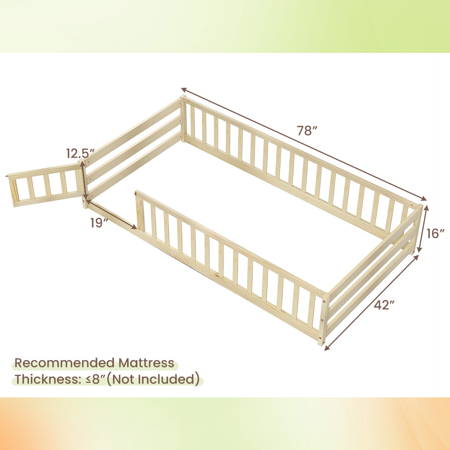 Twin Size Kids Wood Montessori Floor Bed with Door and Fence-Natural Kids Crystal