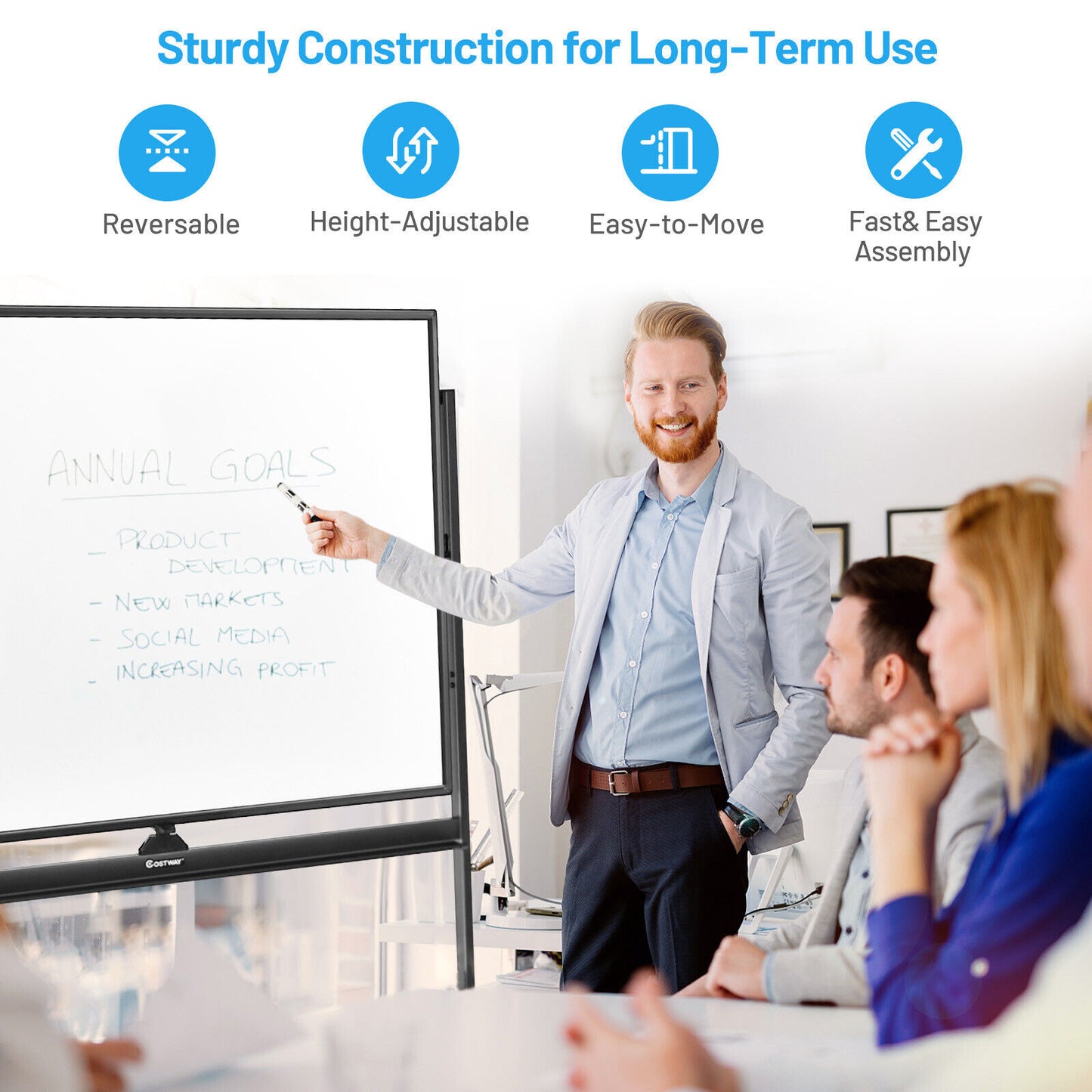 48 x 36 Inch Mobile Magnetic Double-Sided Reversible Whiteboard Height Adjust Kids Crystal