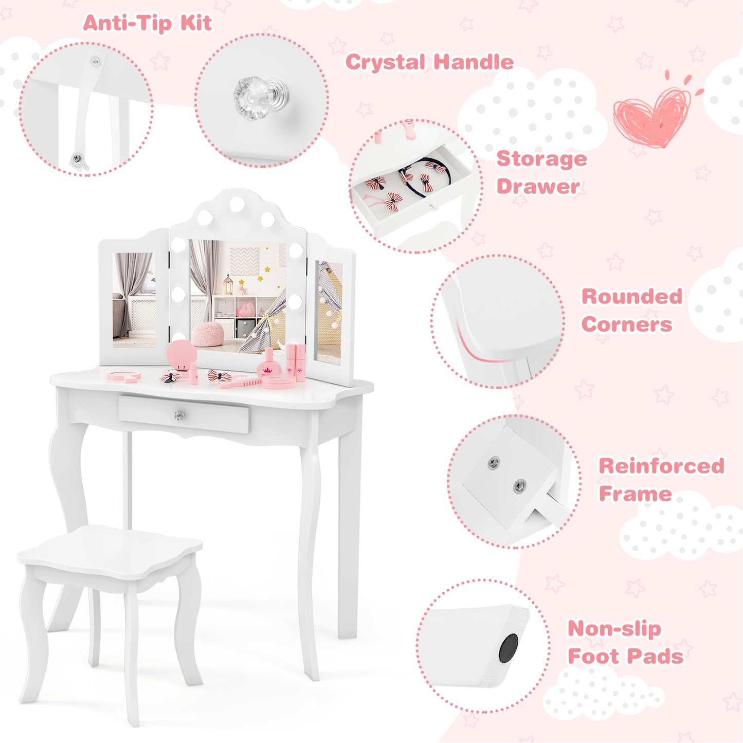 Kid Vanity Table Stool Set with Tri-Folding Mirror and 3-Color LED Lights-White Kids Crystal