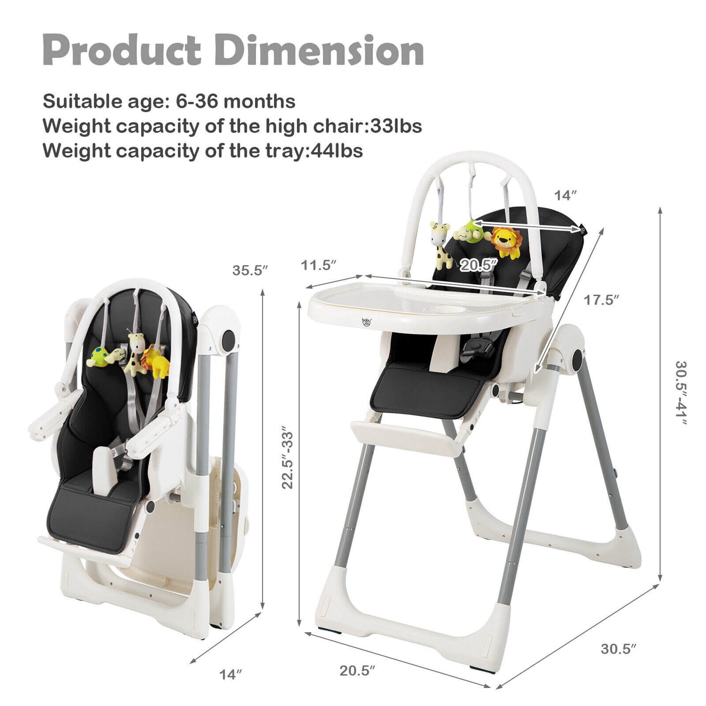 4-in-1 Foldable Baby High Chair with 7 Adjustable Heights and Free Toys Bar-Black Kids Crystal