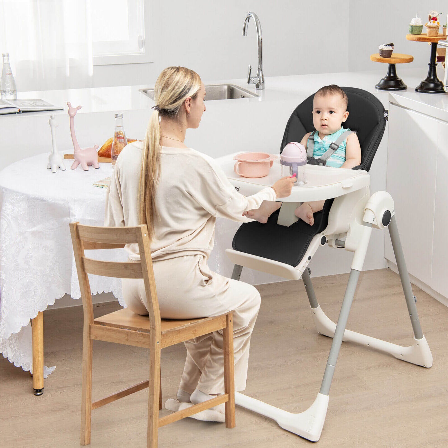 4-in-1 Foldable Baby High Chair with 7 Adjustable Heights and Free Toys Bar-Black Kids Crystal