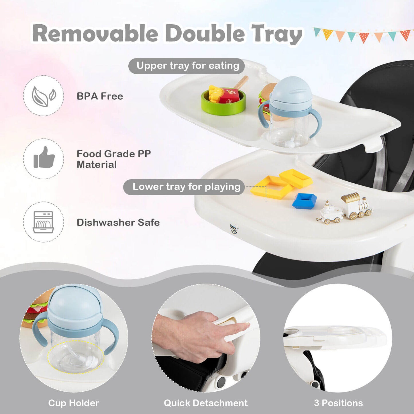 4-in-1 Foldable Baby High Chair with 7 Adjustable Heights and Free Toys Bar-Black Kids Crystal