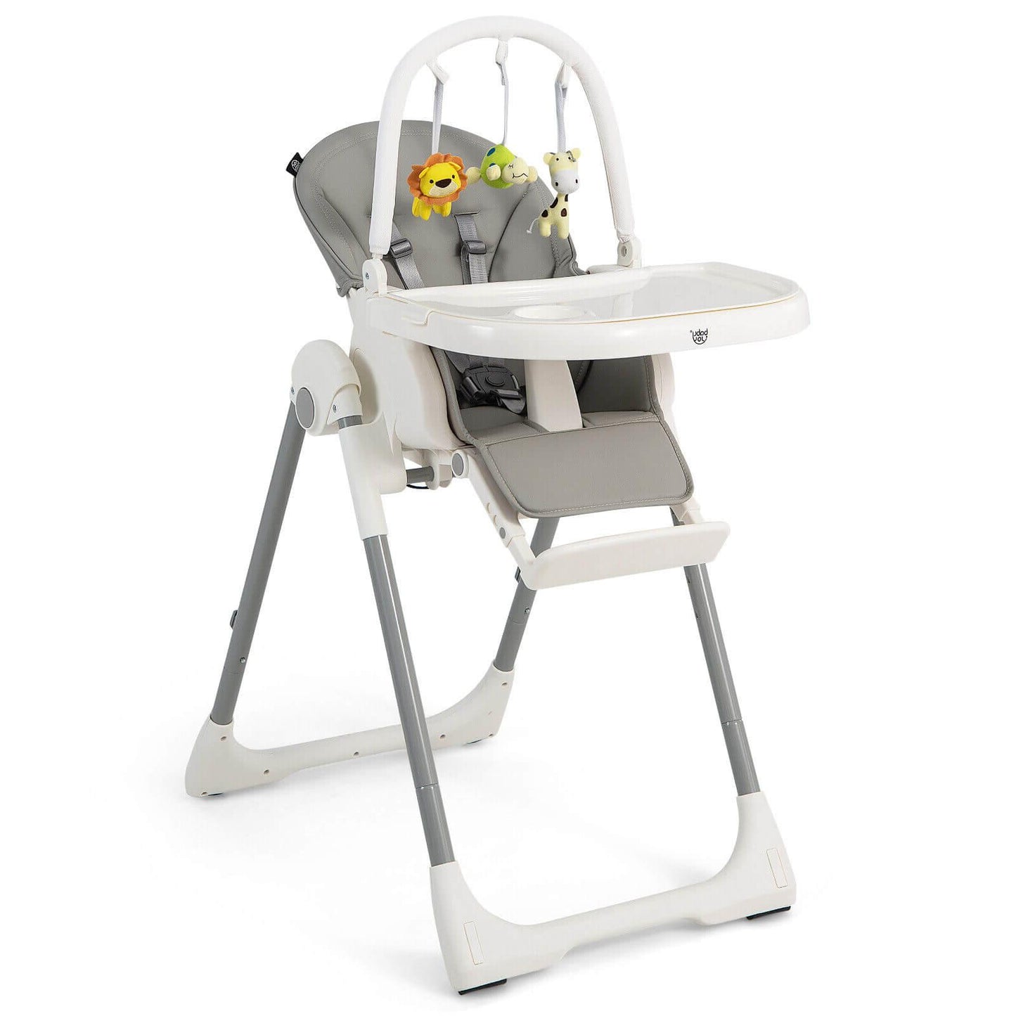 4-in-1 Foldable Baby High Chair with 7 Adjustable Heights and Free Toys Bar-Gray Kids Crystal