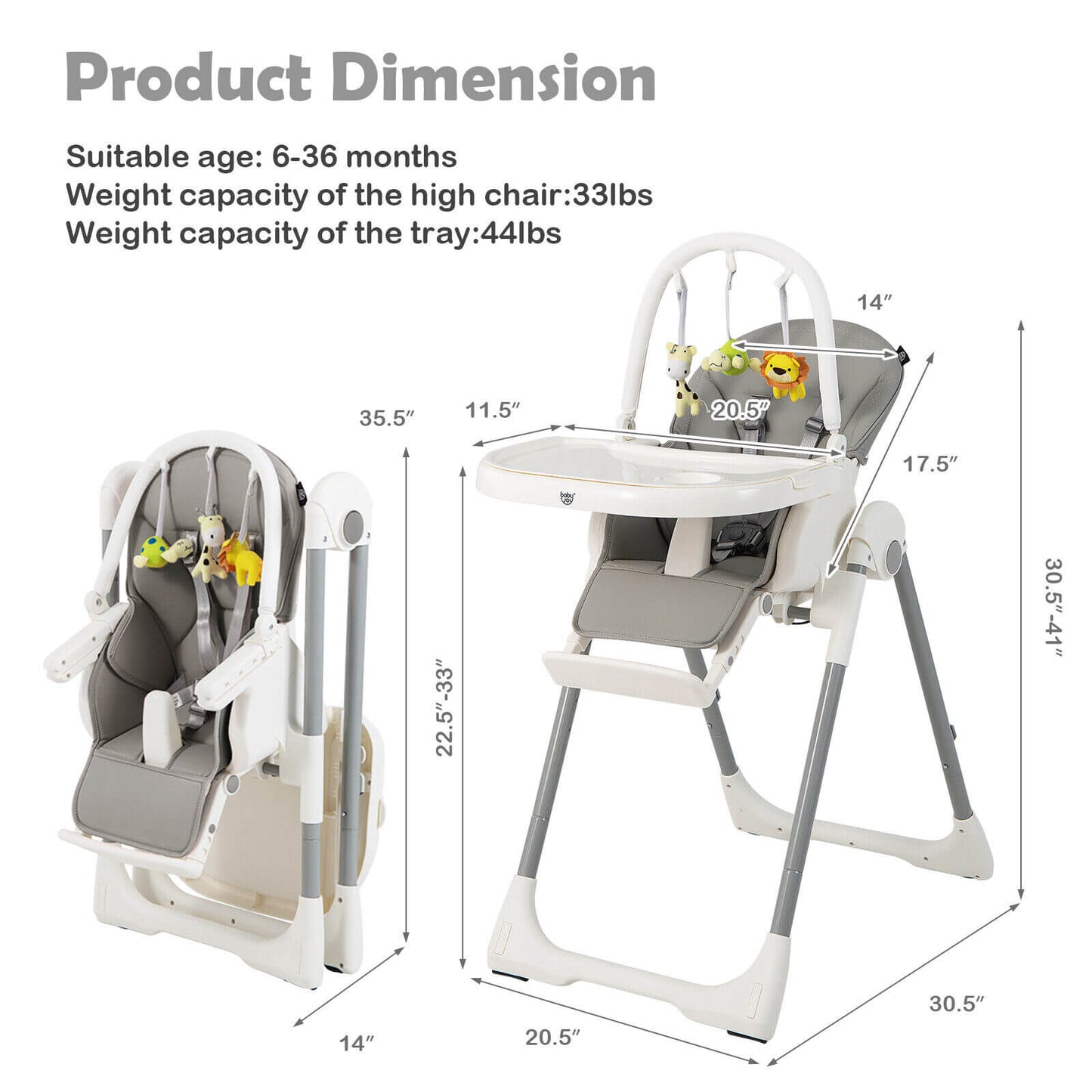 4-in-1 Foldable Baby High Chair with 7 Adjustable Heights and Free Toys Bar-Gray Kids Crystal
