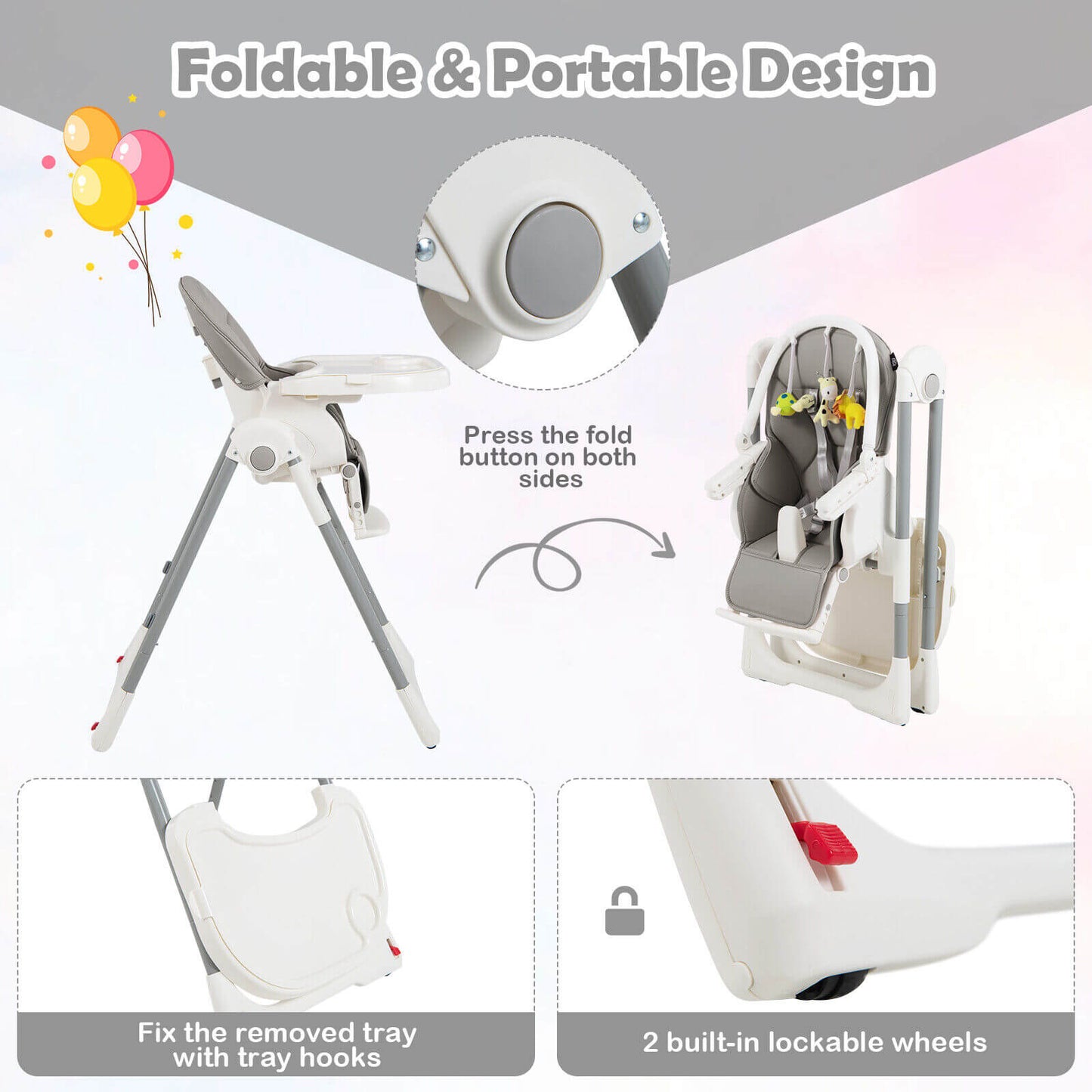 4-in-1 Foldable Baby High Chair with 7 Adjustable Heights and Free Toys Bar-Gray Kids Crystal