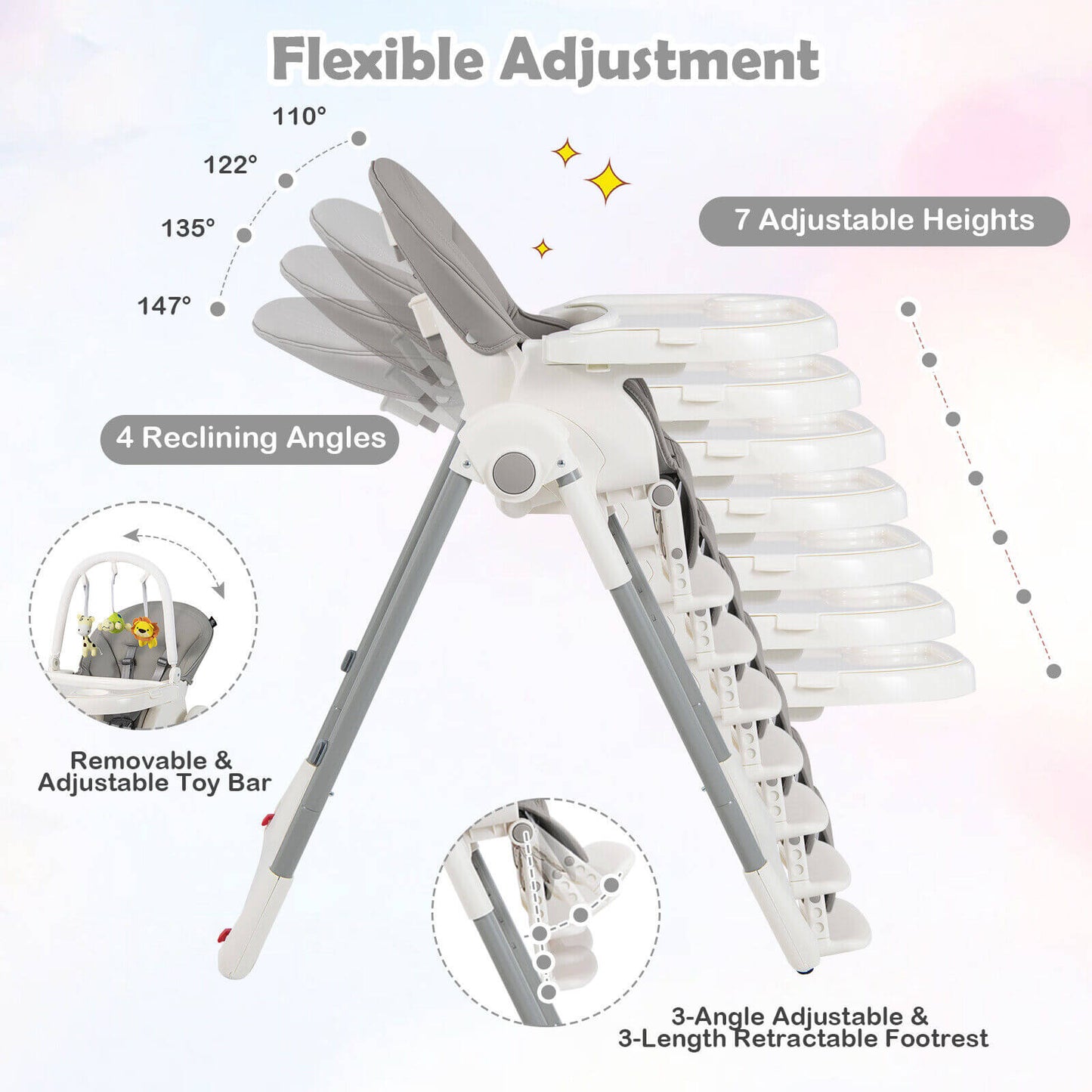 4-in-1 Foldable Baby High Chair with 7 Adjustable Heights and Free Toys Bar-Gray Kids Crystal