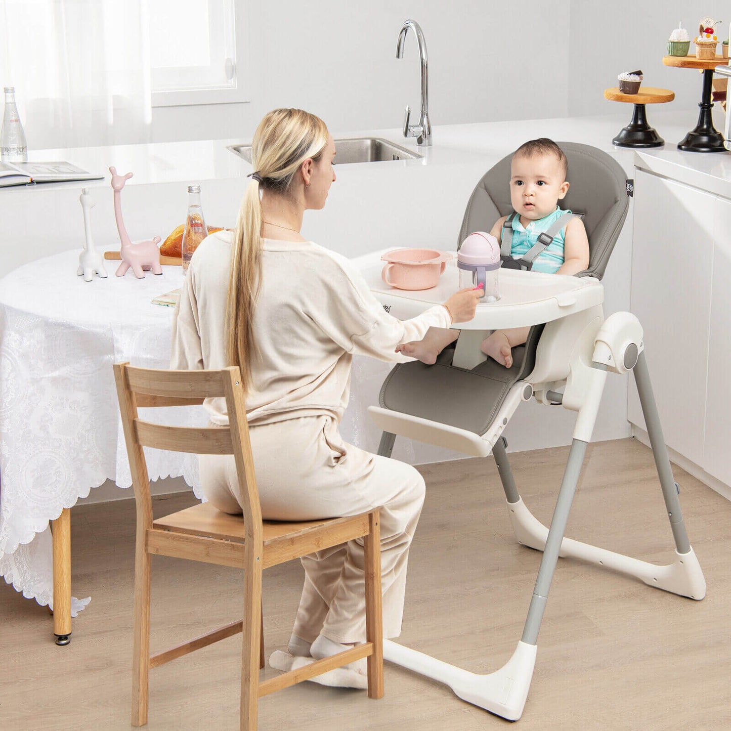 4-in-1 Foldable Baby High Chair with 7 Adjustable Heights and Free Toys Bar-Gray Kids Crystal