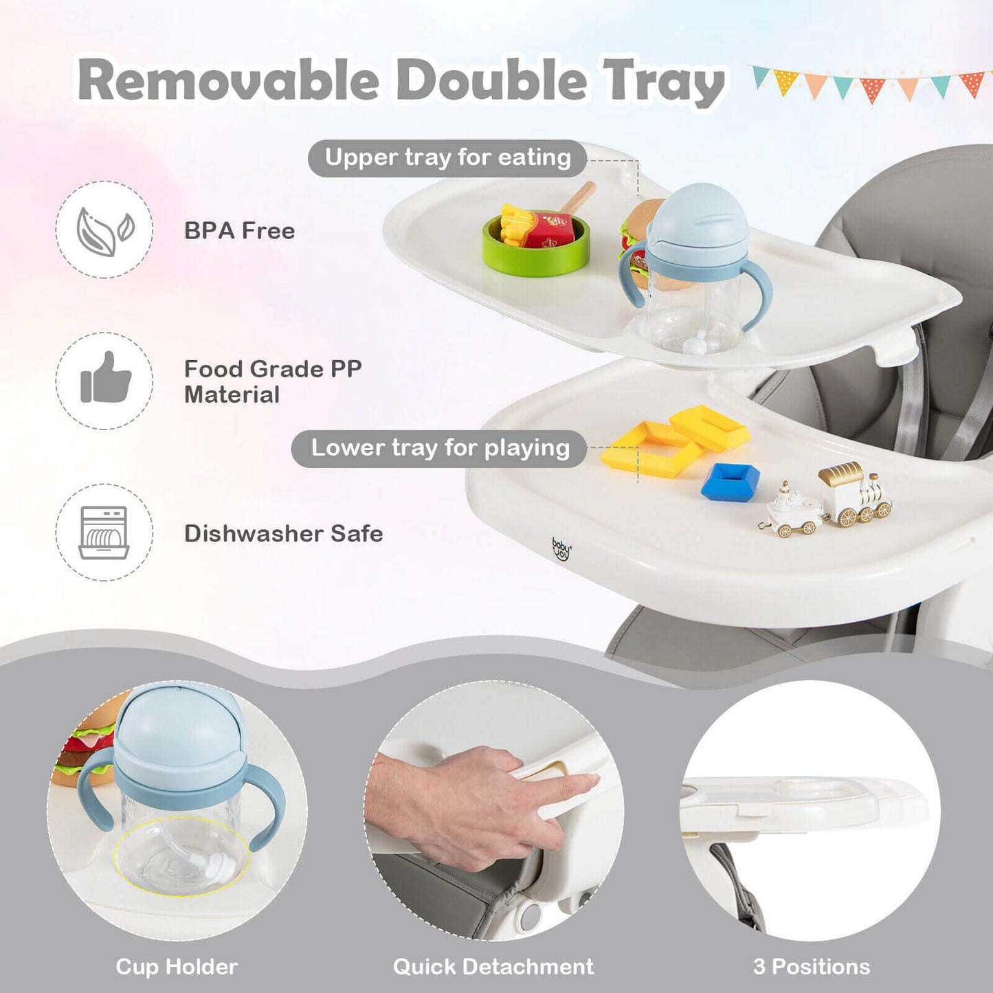 4-in-1 Foldable Baby High Chair with 7 Adjustable Heights and Free Toys Bar-Gray Kids Crystal