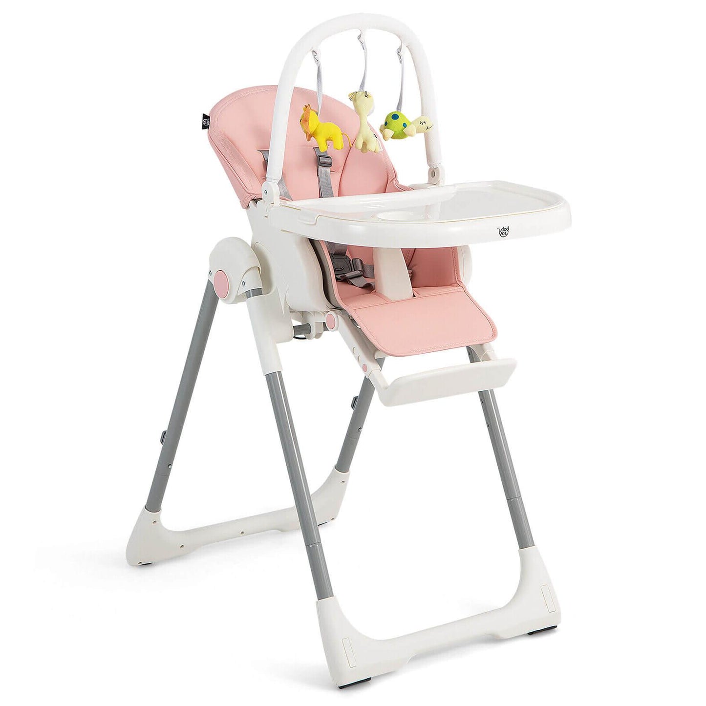 4-in-1 Foldable Baby High Chair with 7 Adjustable Heights and Free Toys Bar-Pink Kids Crystal