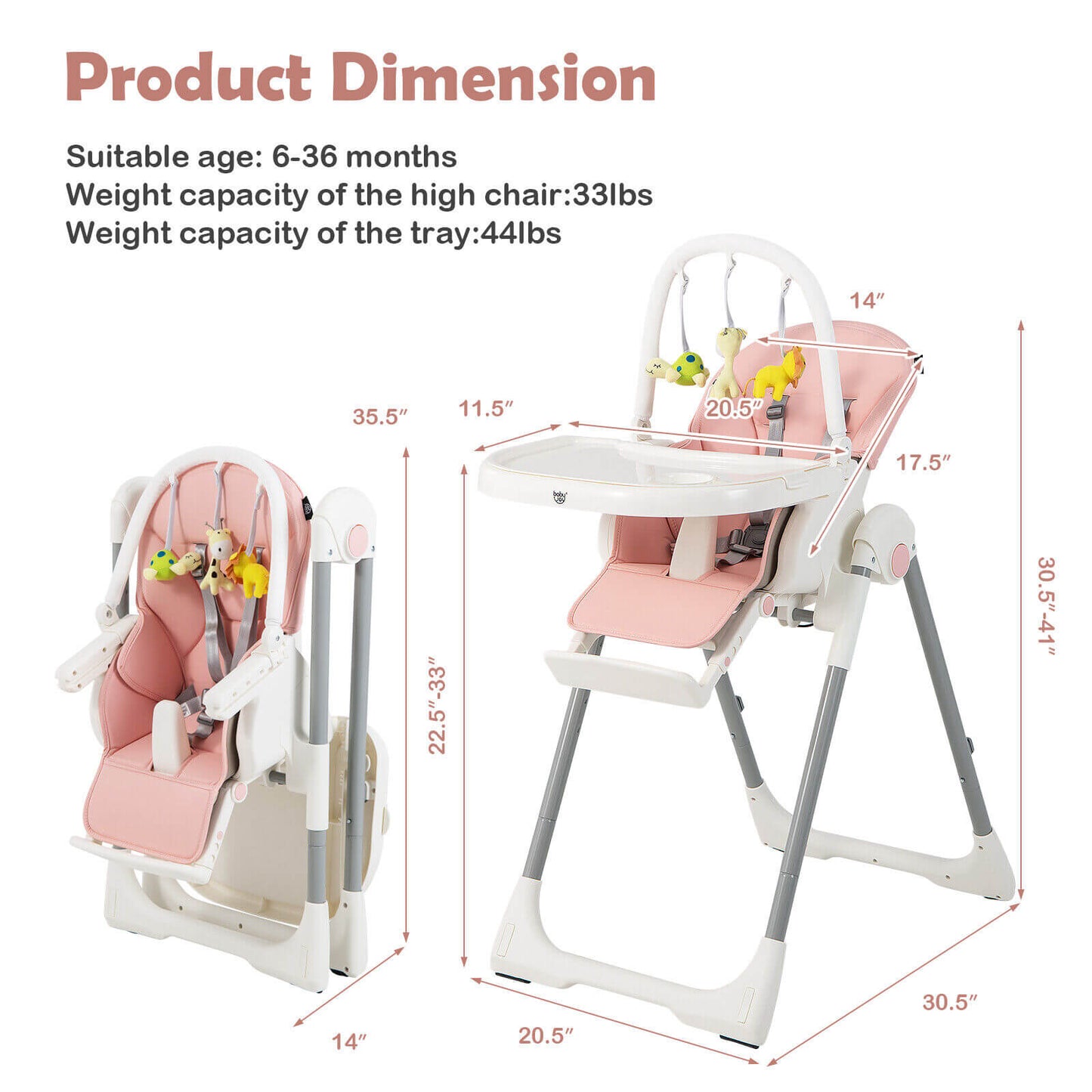 4-in-1 Foldable Baby High Chair with 7 Adjustable Heights and Free Toys Bar-Pink Kids Crystal