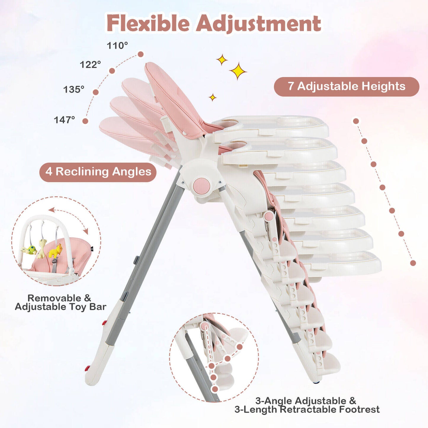 4-in-1 Foldable Baby High Chair with 7 Adjustable Heights and Free Toys Bar-Pink Kids Crystal