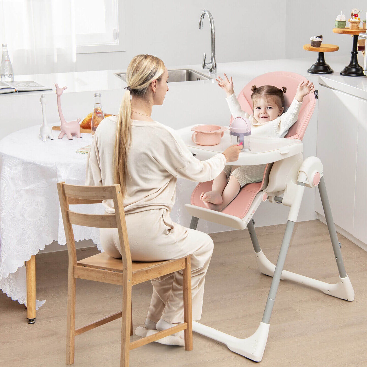 4-in-1 Foldable Baby High Chair with 7 Adjustable Heights and Free Toys Bar-Pink Kids Crystal