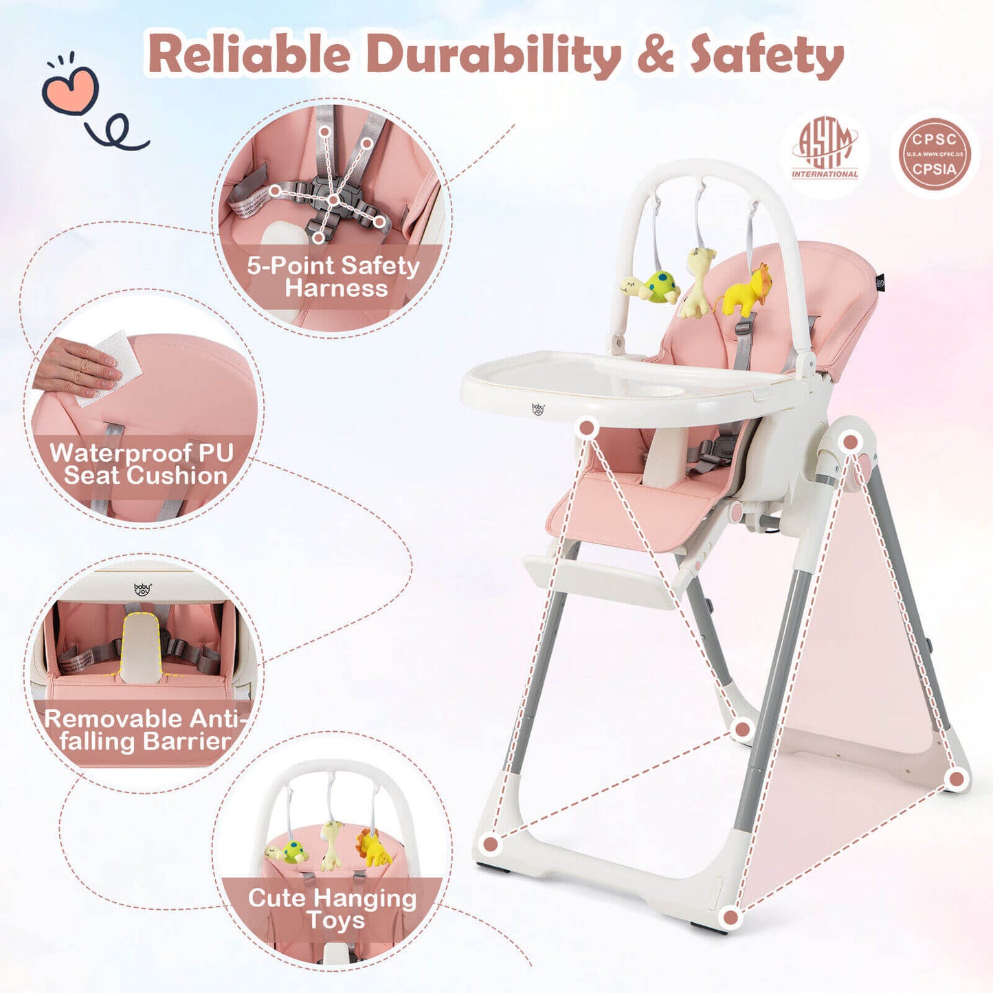 4-in-1 Foldable Baby High Chair with 7 Adjustable Heights and Free Toys Bar-Pink Kids Crystal