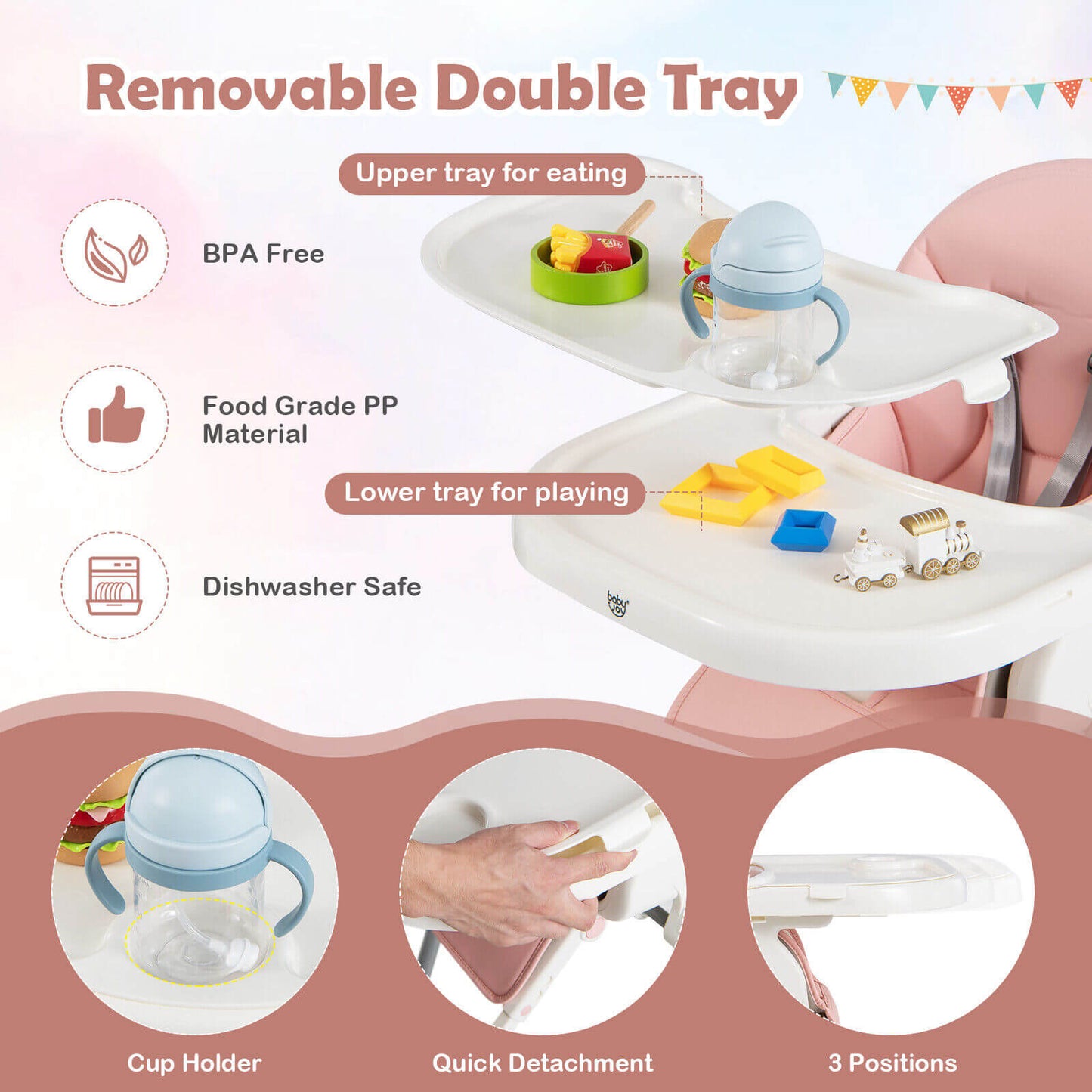 4-in-1 Foldable Baby High Chair with 7 Adjustable Heights and Free Toys Bar-Pink Kids Crystal