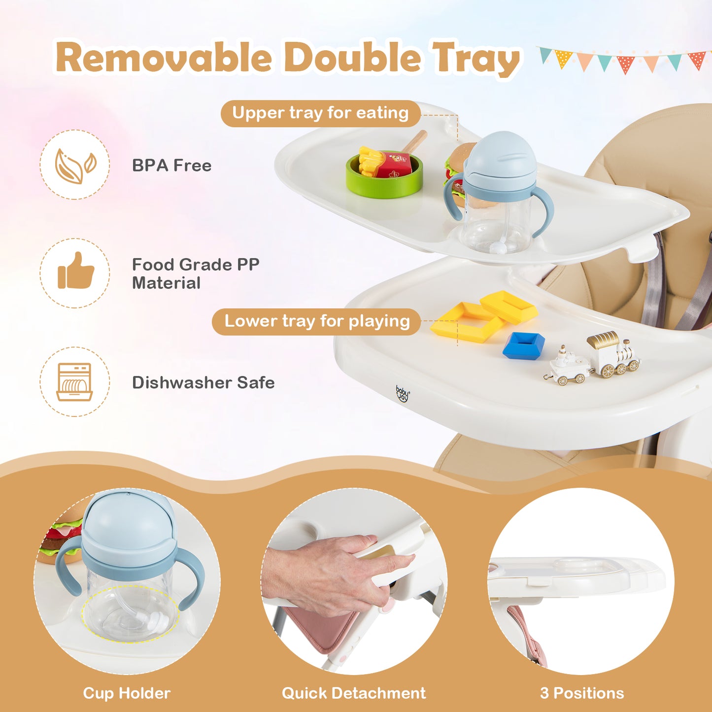 4-in-1 Foldable Baby High Chair with 7 Adjustable Heights and Free Toys Bar-Yellow Kids Crystal