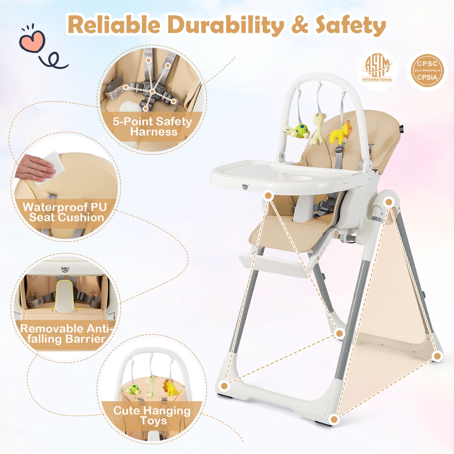 4-in-1 Foldable Baby High Chair with 7 Adjustable Heights and Free Toys Bar-Yellow Kids Crystal