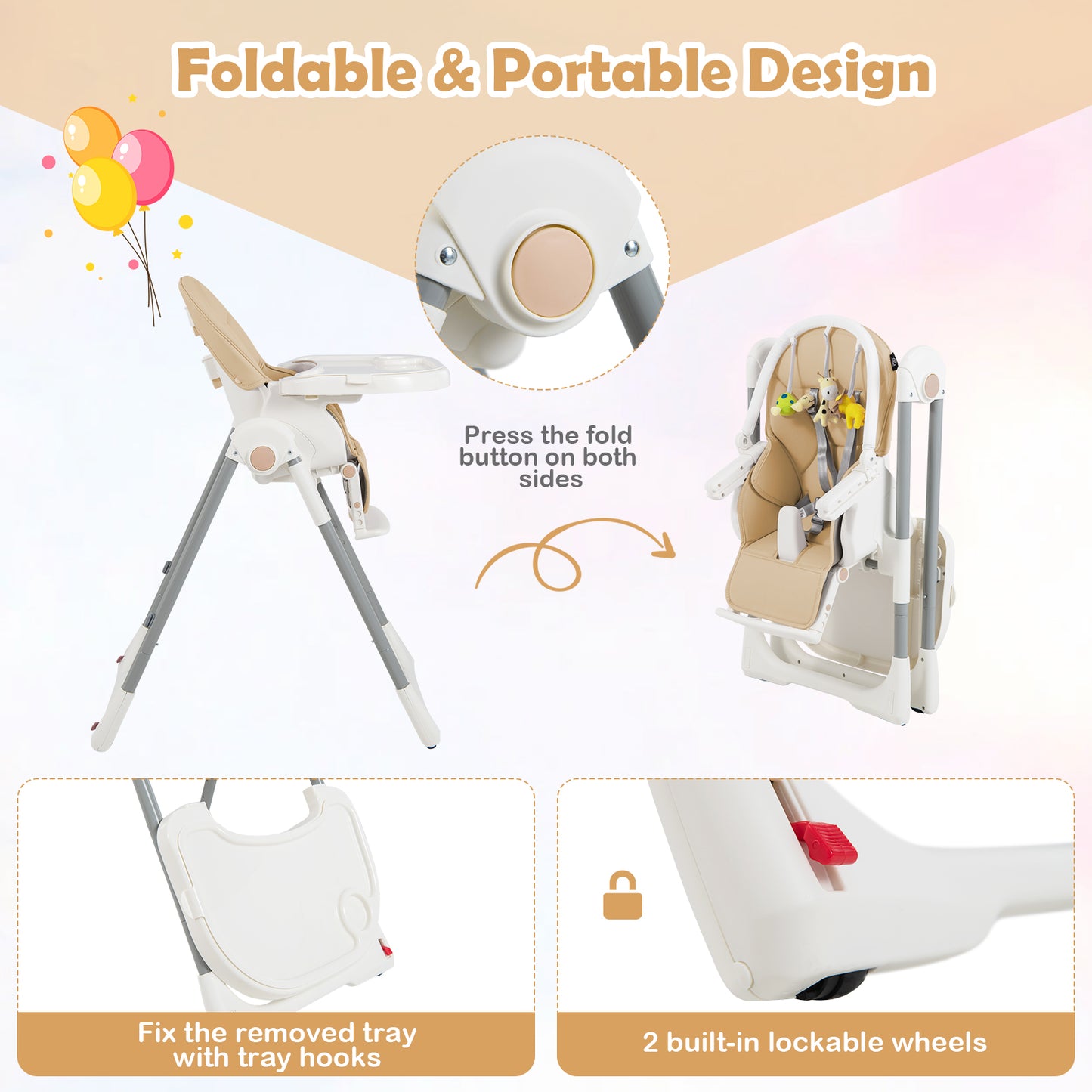 4-in-1 Foldable Baby High Chair with 7 Adjustable Heights and Free Toys Bar-Yellow Kids Crystal