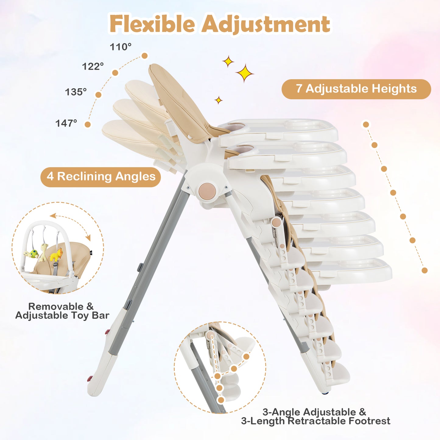 4-in-1 Foldable Baby High Chair with 7 Adjustable Heights and Free Toys Bar-Yellow Kids Crystal