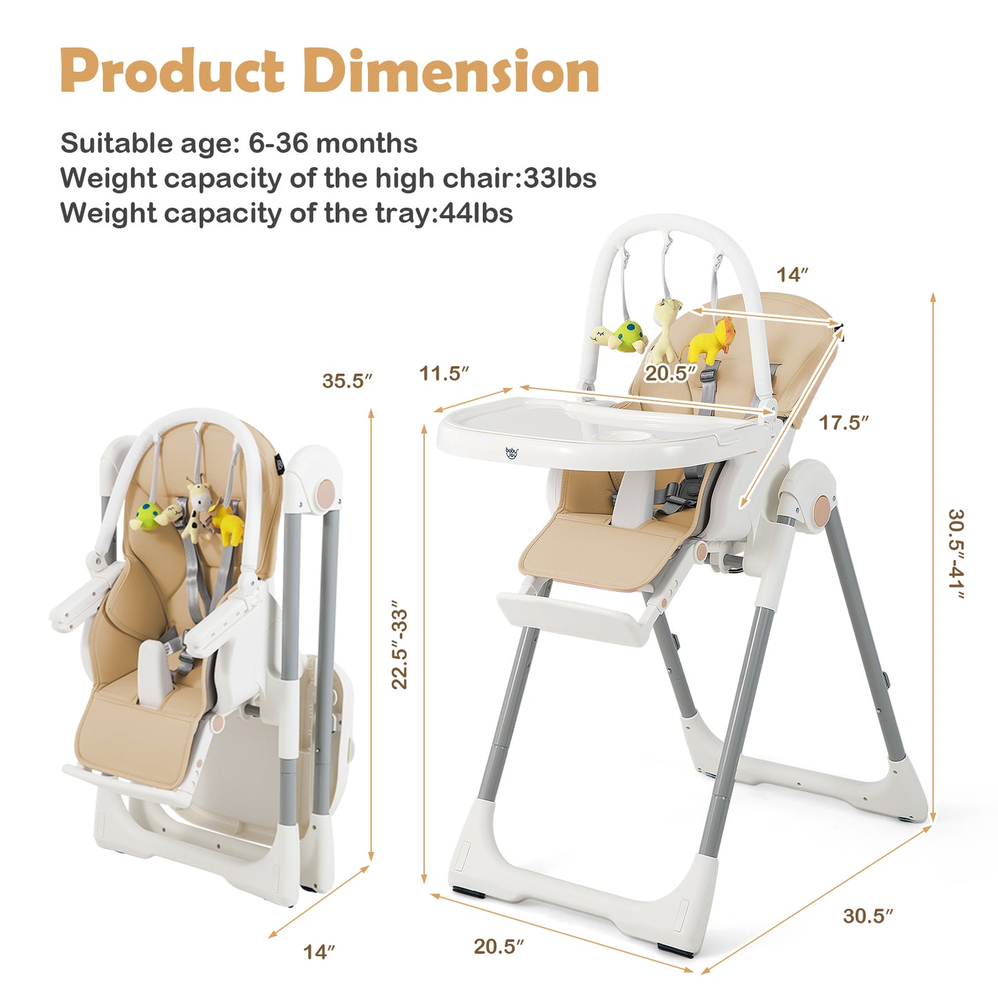 4-in-1 Foldable Baby High Chair with 7 Adjustable Heights and Free Toys Bar-Yellow Kids Crystal