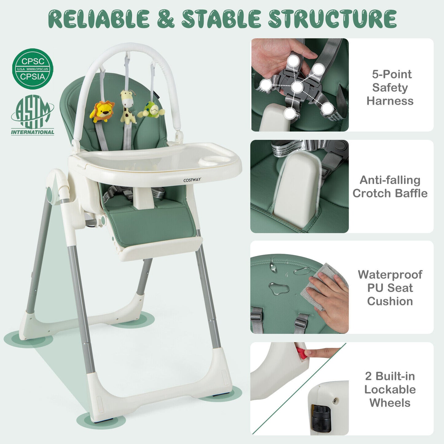4-in-1 Foldable Baby High Chair with 7 Adjustable Heights and Free Toys Bar-Green Kids Crystal