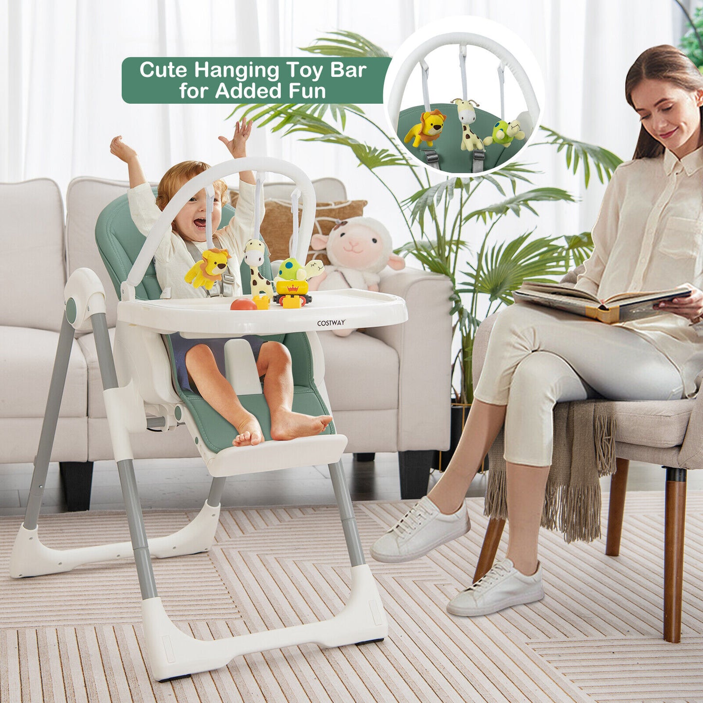 4-in-1 Foldable Baby High Chair with 7 Adjustable Heights and Free Toys Bar-Green Kids Crystal