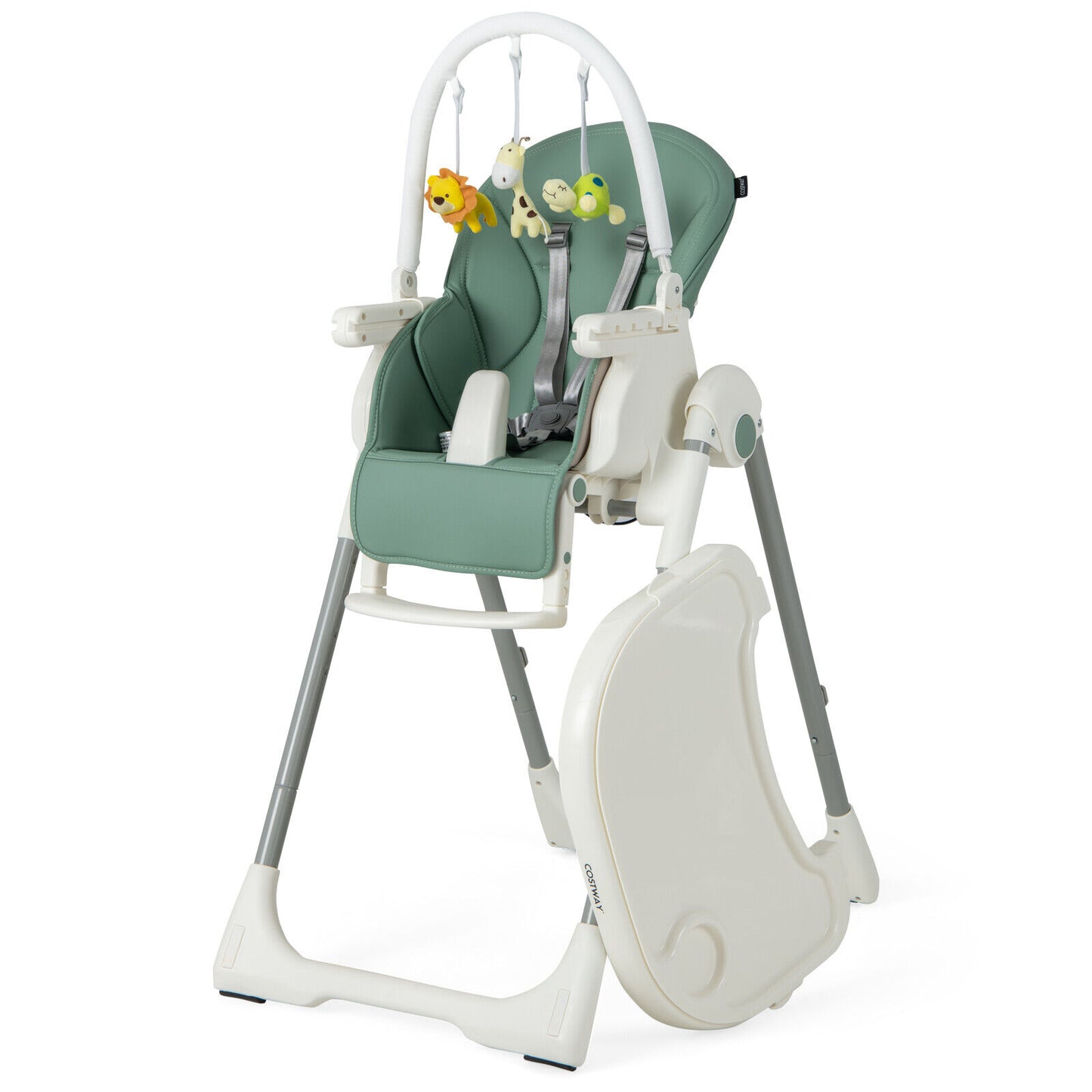 4-in-1 Foldable Baby High Chair with 7 Adjustable Heights and Free Toys Bar-Green Kids Crystal