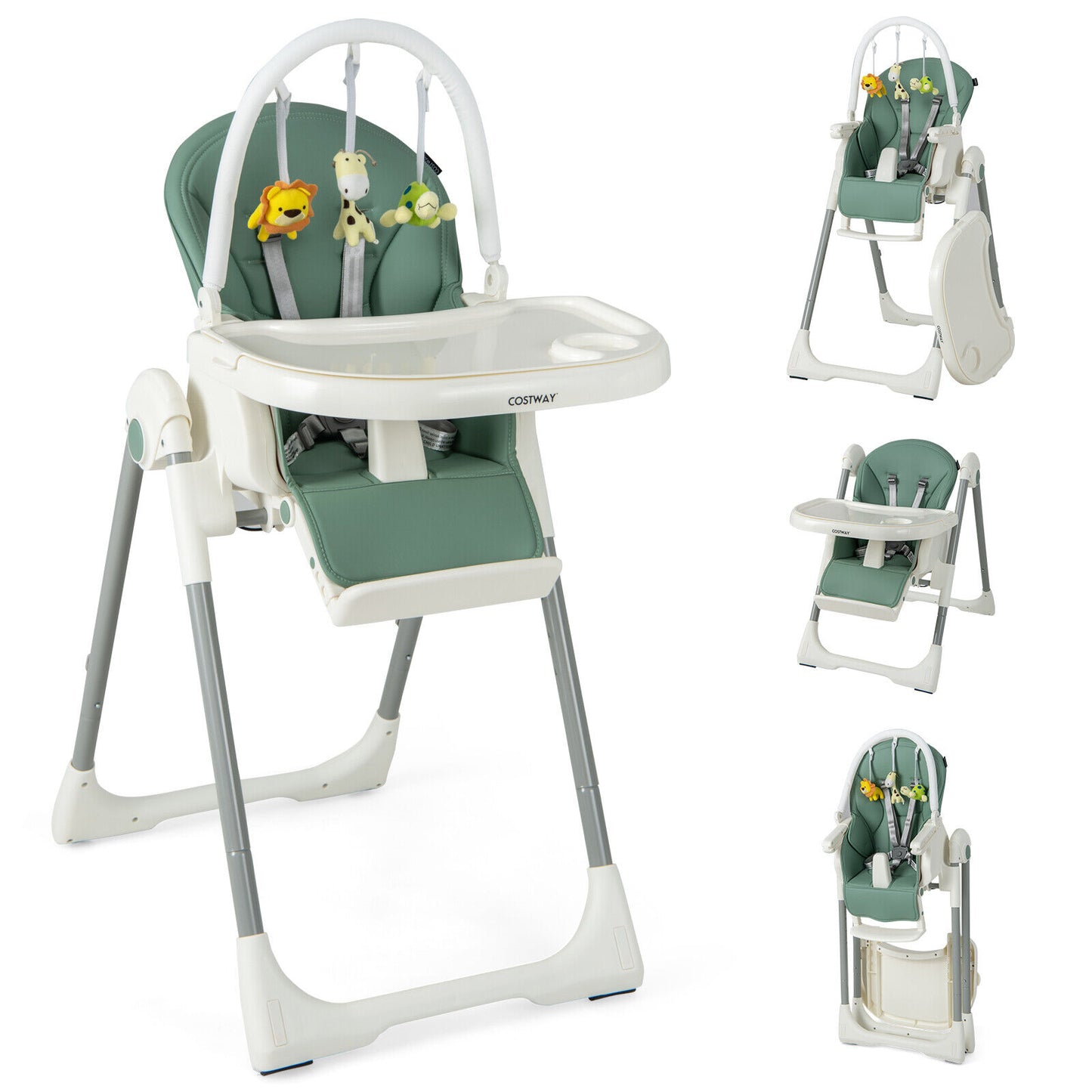 4-in-1 Foldable Baby High Chair with 7 Adjustable Heights and Free Toys Bar-Green Kids Crystal